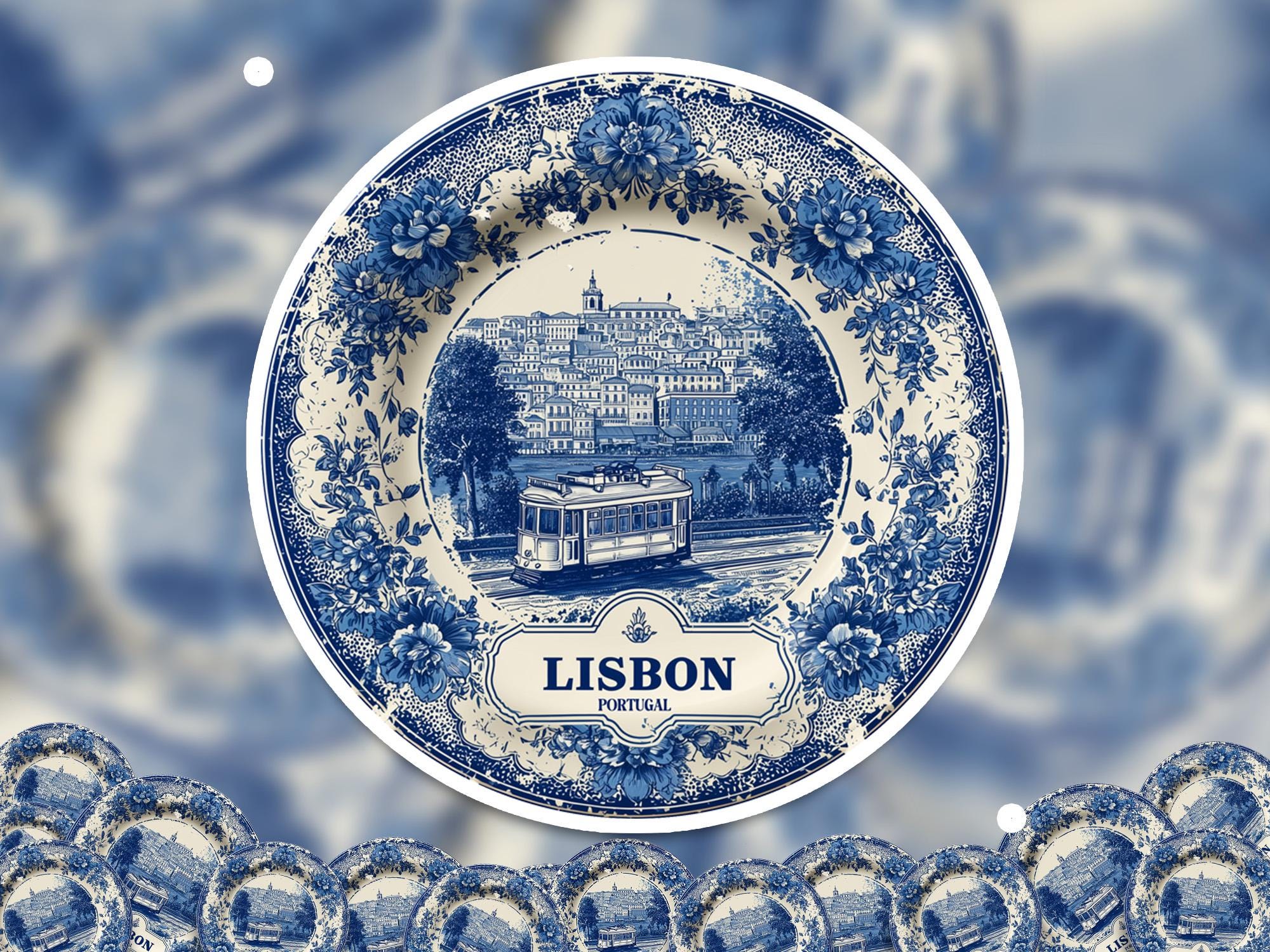 Lisbon Portugal Sticker Vintage Delft style, Delftware Decal Waterproof Vinyl, Blue City Travel