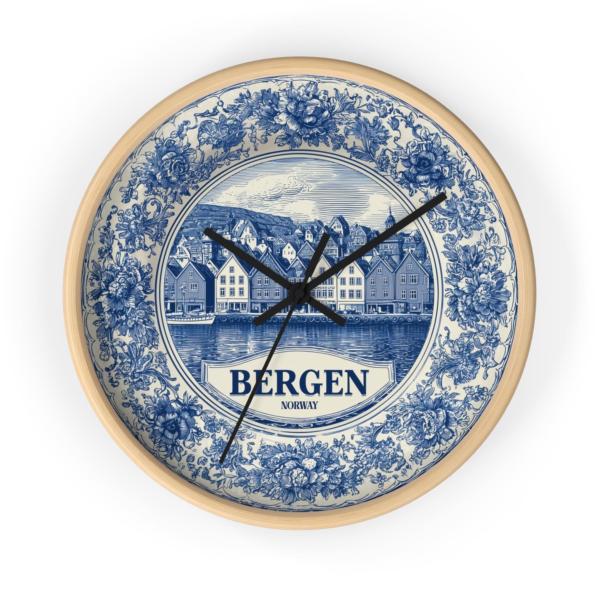 Bergen Norway Wall Clock, Delf style Home Decor, Vintage City Travel Keepsake Art