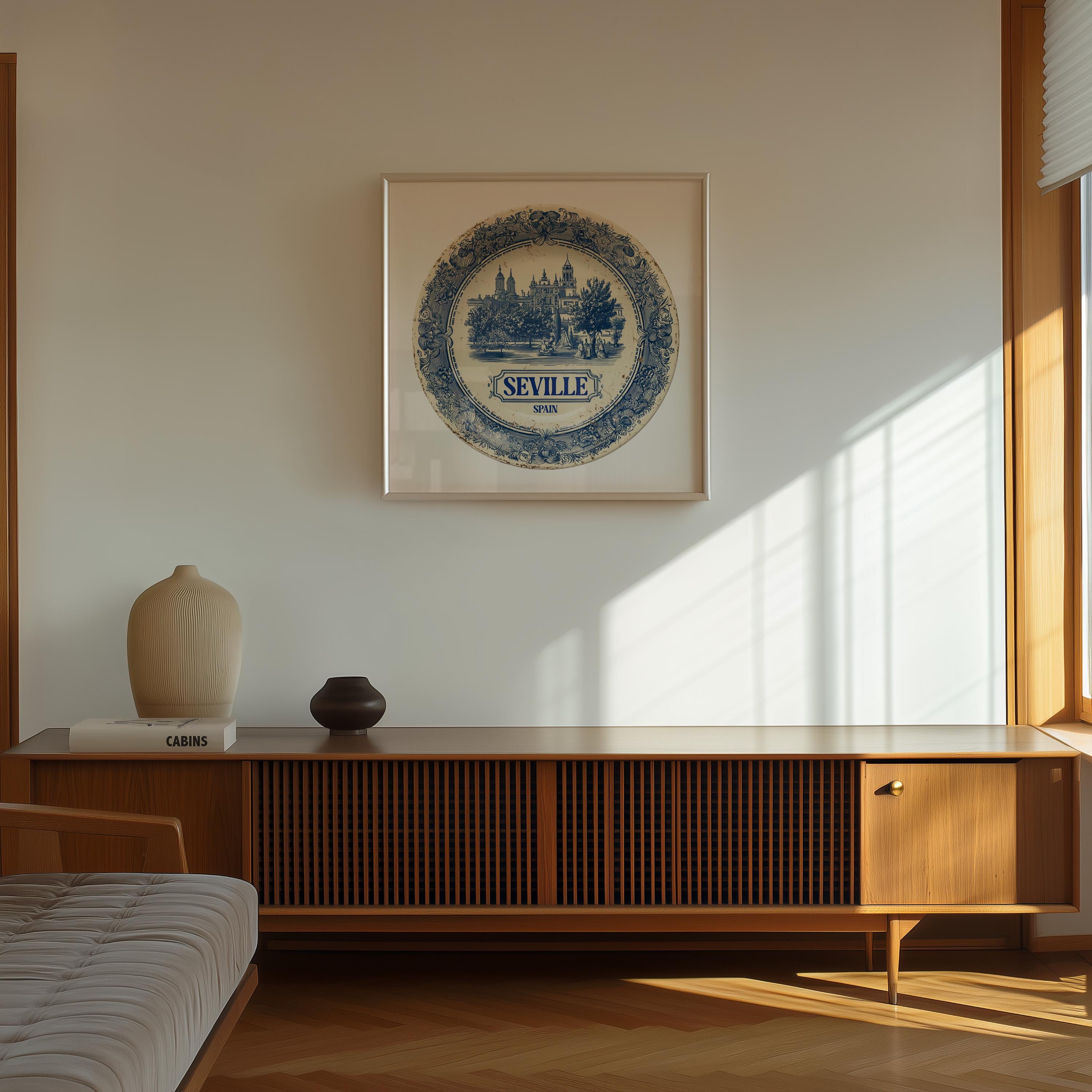 Seville Spain Wall Art, Vintage Delft Blue Poster, City Print, Travel Home Decor