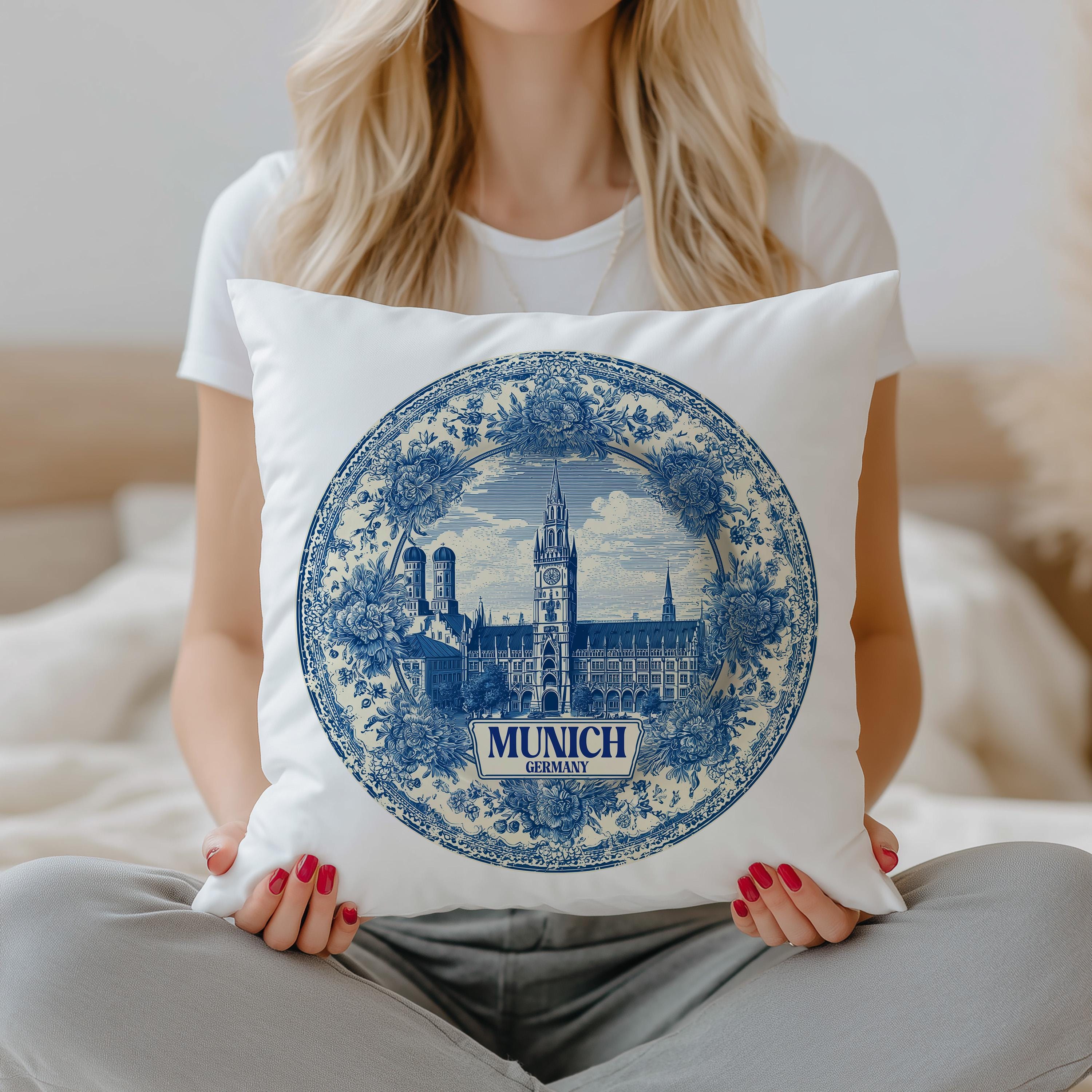 Munich Germany Pillowcase, Delft Style Decorative Throw Pillow, Vintage Cityscape Retro Home Decor