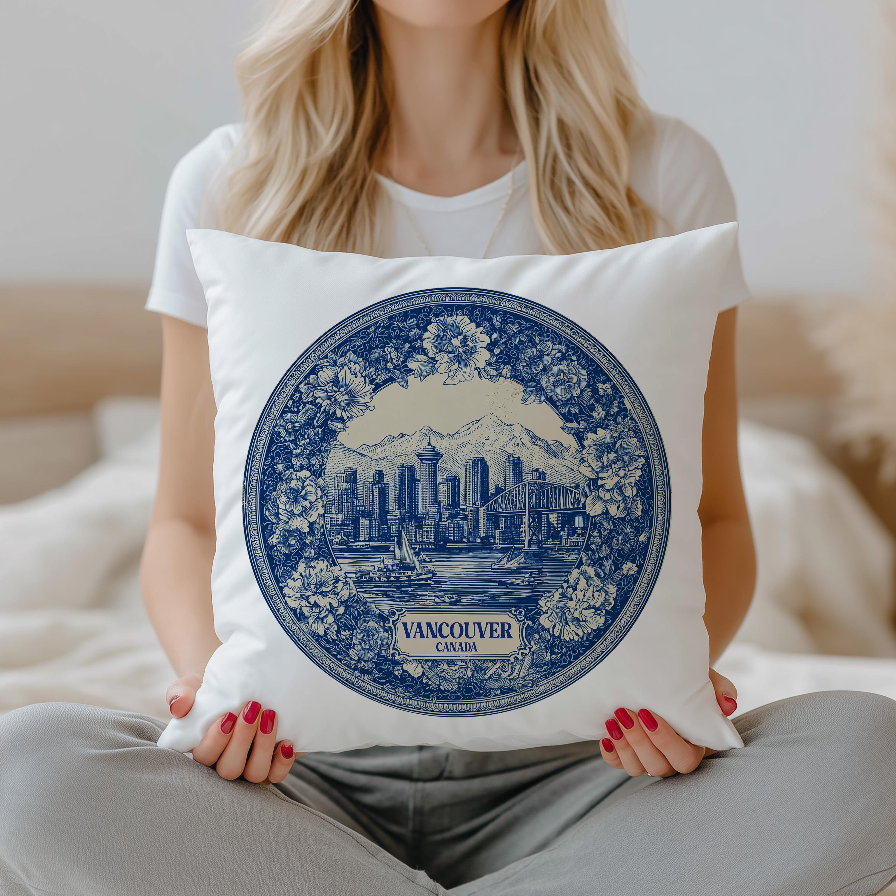 Vancouver Canada Pillowcase, Delft Style Decorative Throw Pillow, Vintage Cityscape Retro Home Decor