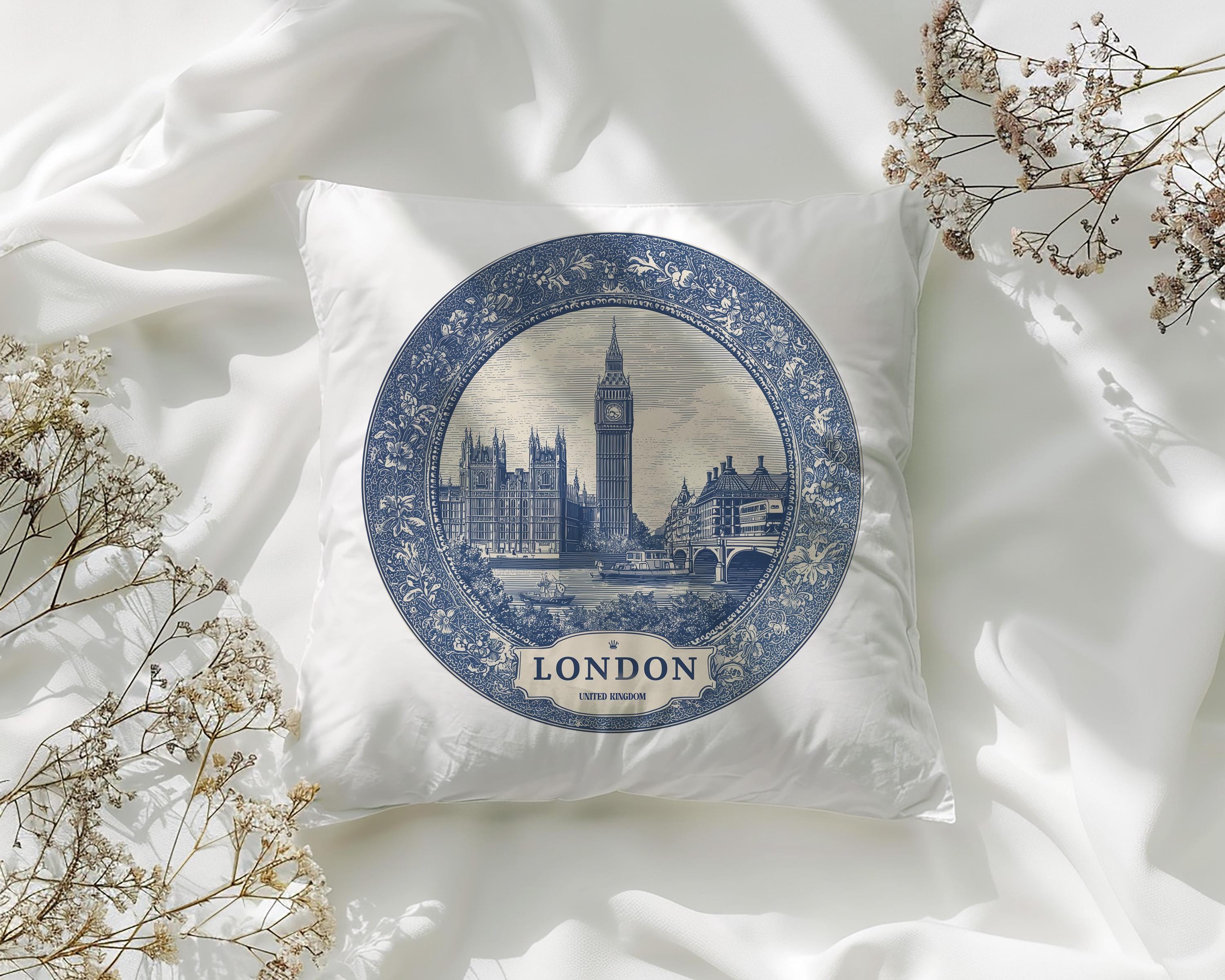 London UK Pillowcase, Delft Style Decorative Throw Pillow, Vintage Cityscape Retro Home Decor