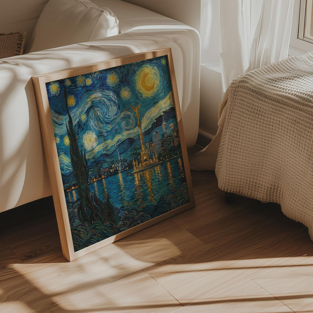 Mexico City Skyline Wall Art, Van Gogh Style Framed Canvas, Angel de la Independencia