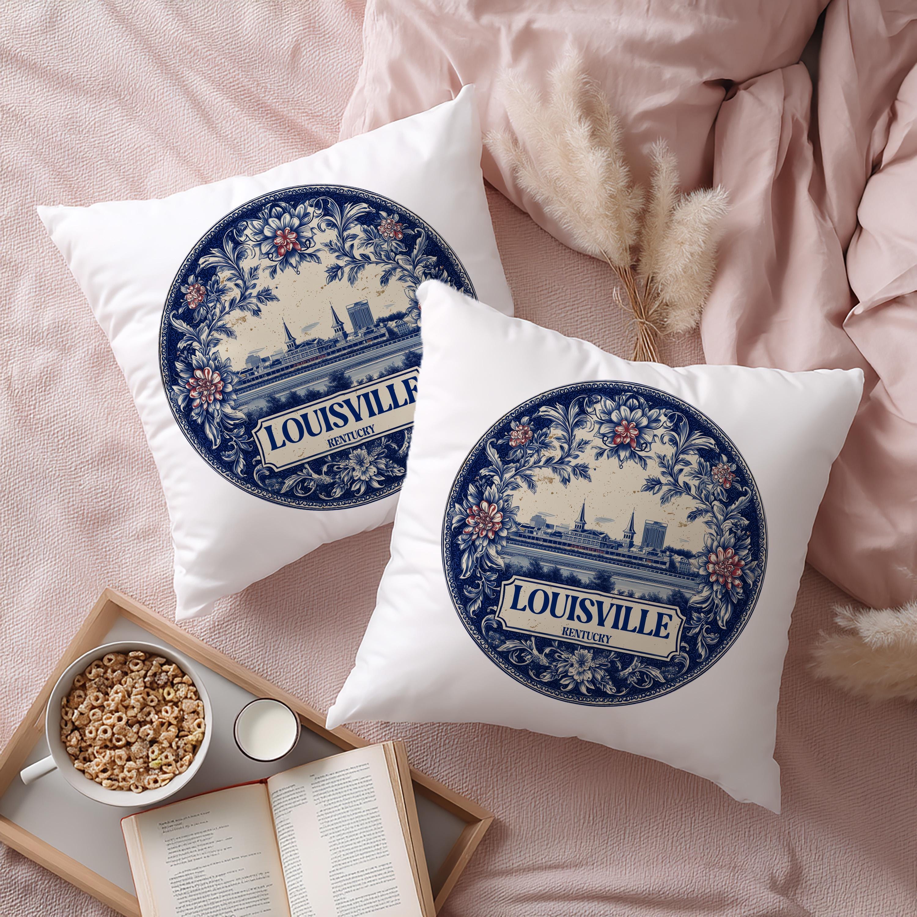 Louisville Kentucky Pillowcase, Delft Style Decorative Throw Pillow, Vintage Cityscape Retro Home Decor