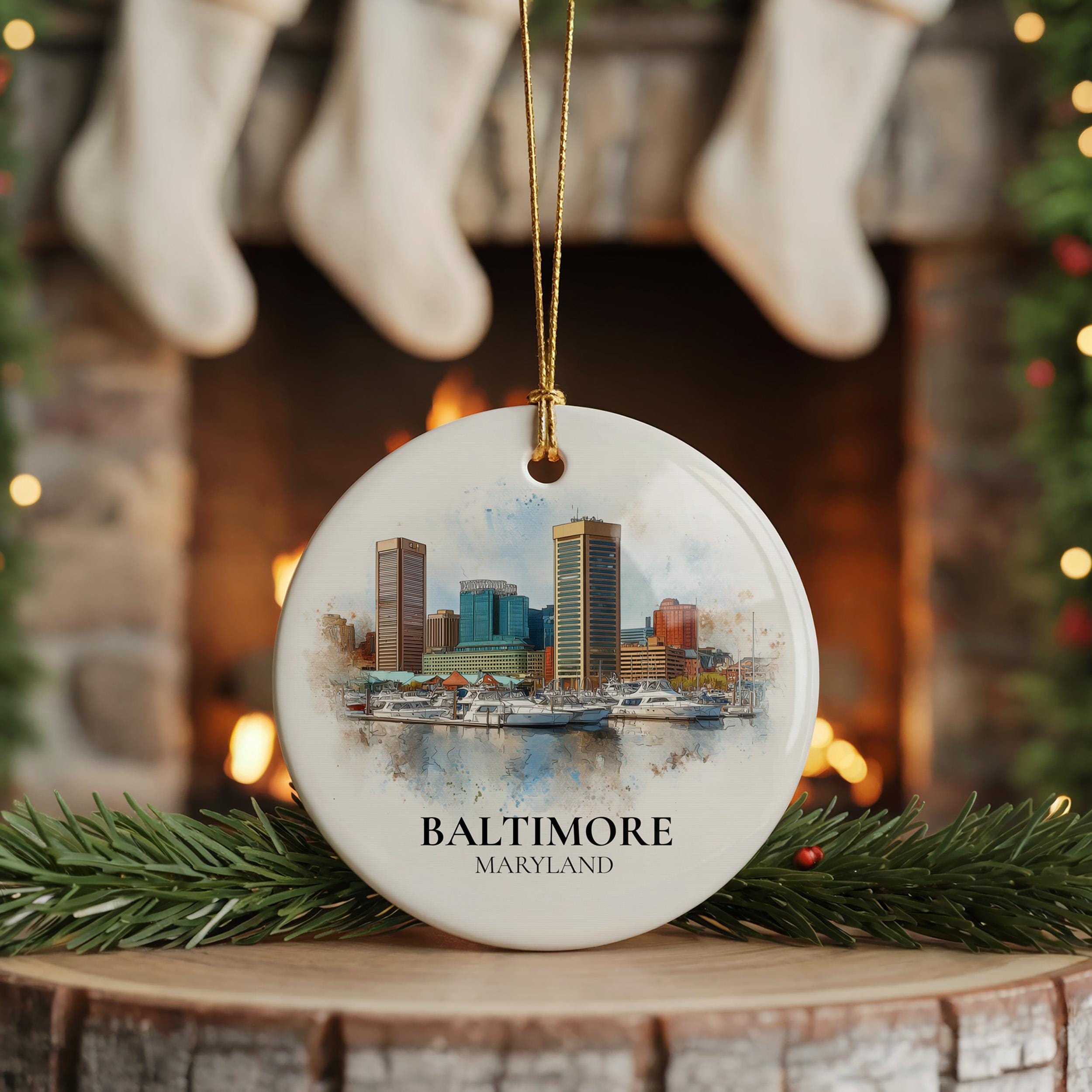 Baltimore Maryland Personalized Watercolor Ornament, Custom Ceramic Christmas gift, Travel Keepsake