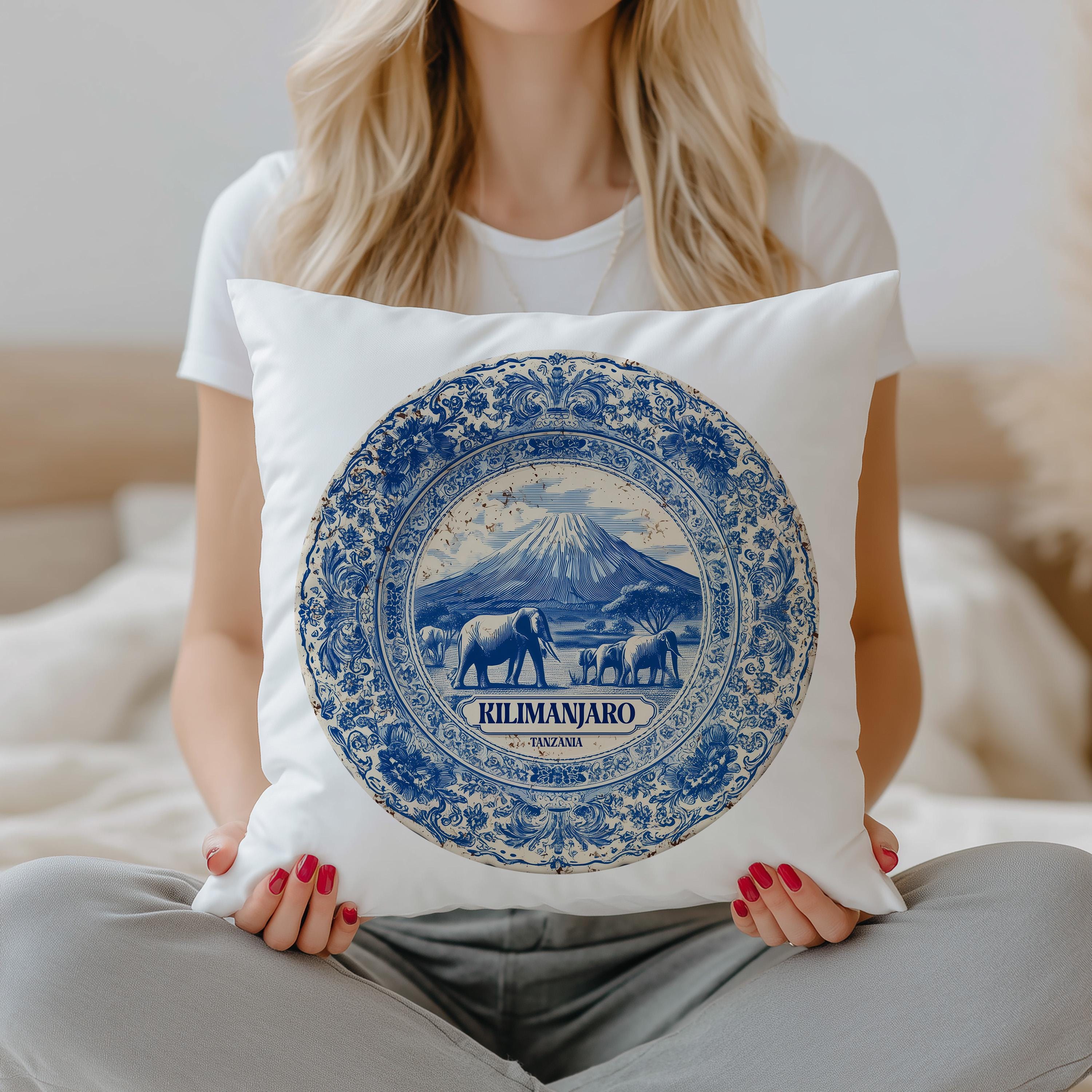 Kilimanjaro Tanzania Pillowcase, Delft Style Decorative Throw Pillow, Vintage Cityscape Retro Home Decor