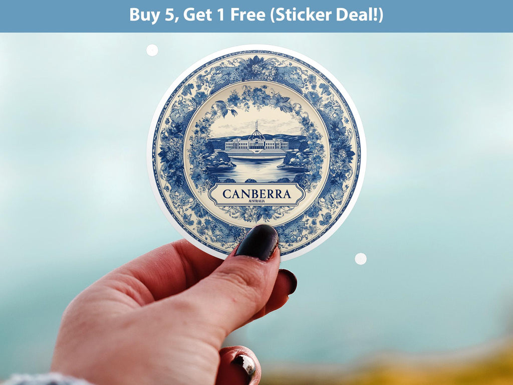 Canberra Australia Sticker Vintage Delft style, Delftware Decal Waterproof Vinyl, Blue City Travel