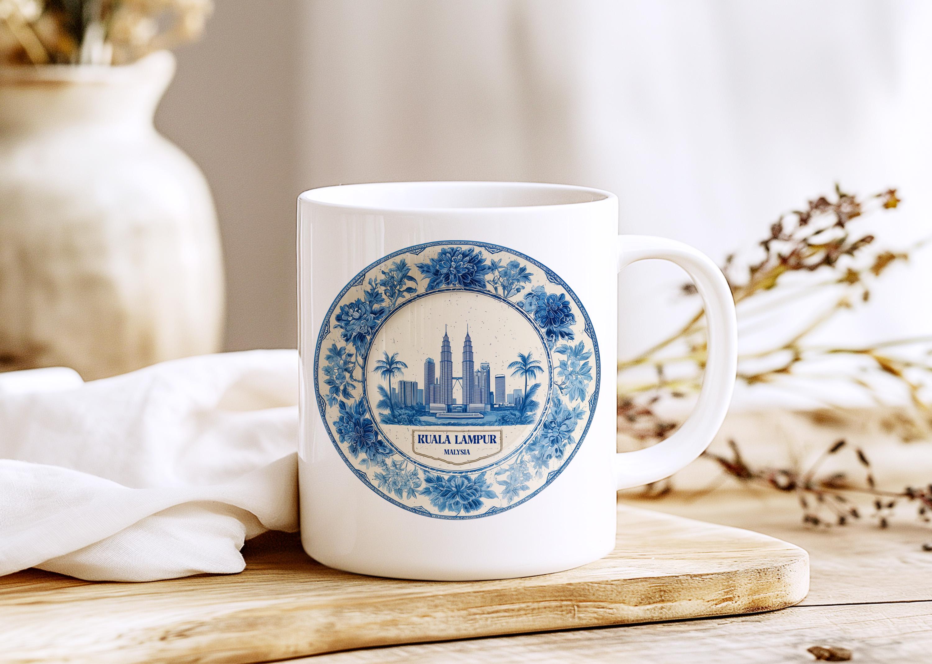 Kuala Lumpur Malaysia Mug, Custom Delft Style cup, Personalized Vintage Travel City Gift