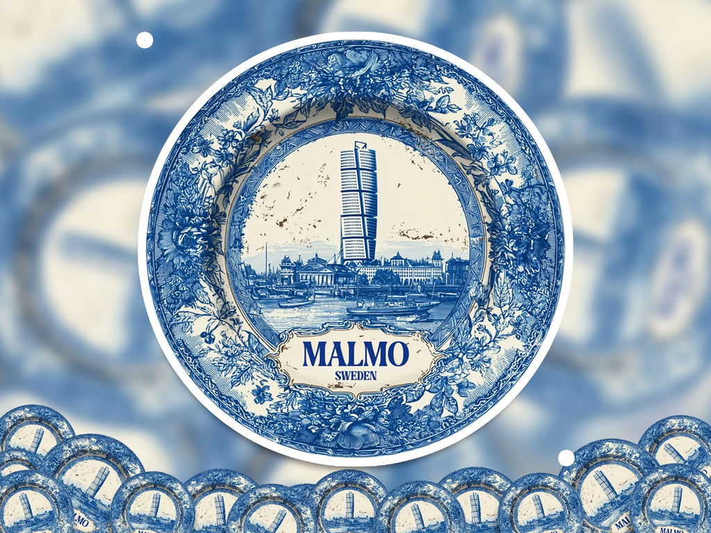 Malmo Sweden Sticker Vintage Delft style, Delftware Decal Waterproof Vinyl, Blue City Travel
