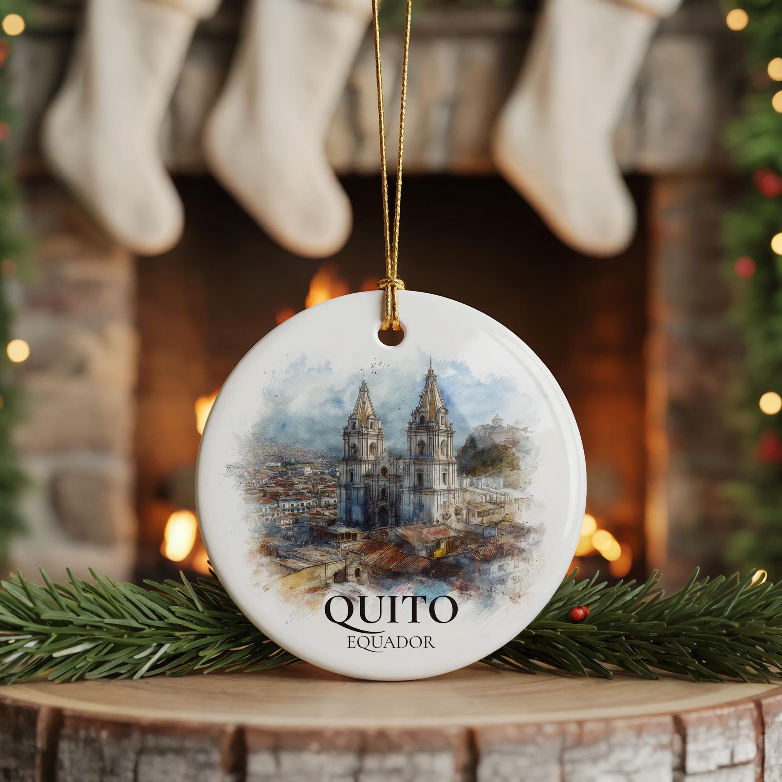 Quito Ecuador Personalized Watercolor Ornament, Custom Ceramic Christmas gift, Travel Keepsake