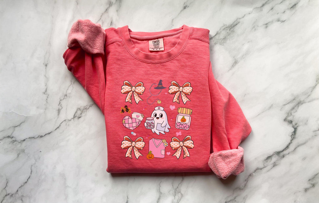 Halloween Nurse Sweatshirt, Cute Ghost Mushroom RN Top, Spooky Fall Medical Outfit, Cozy Autumn Nurse Apparel, Funny Gift for Nurse