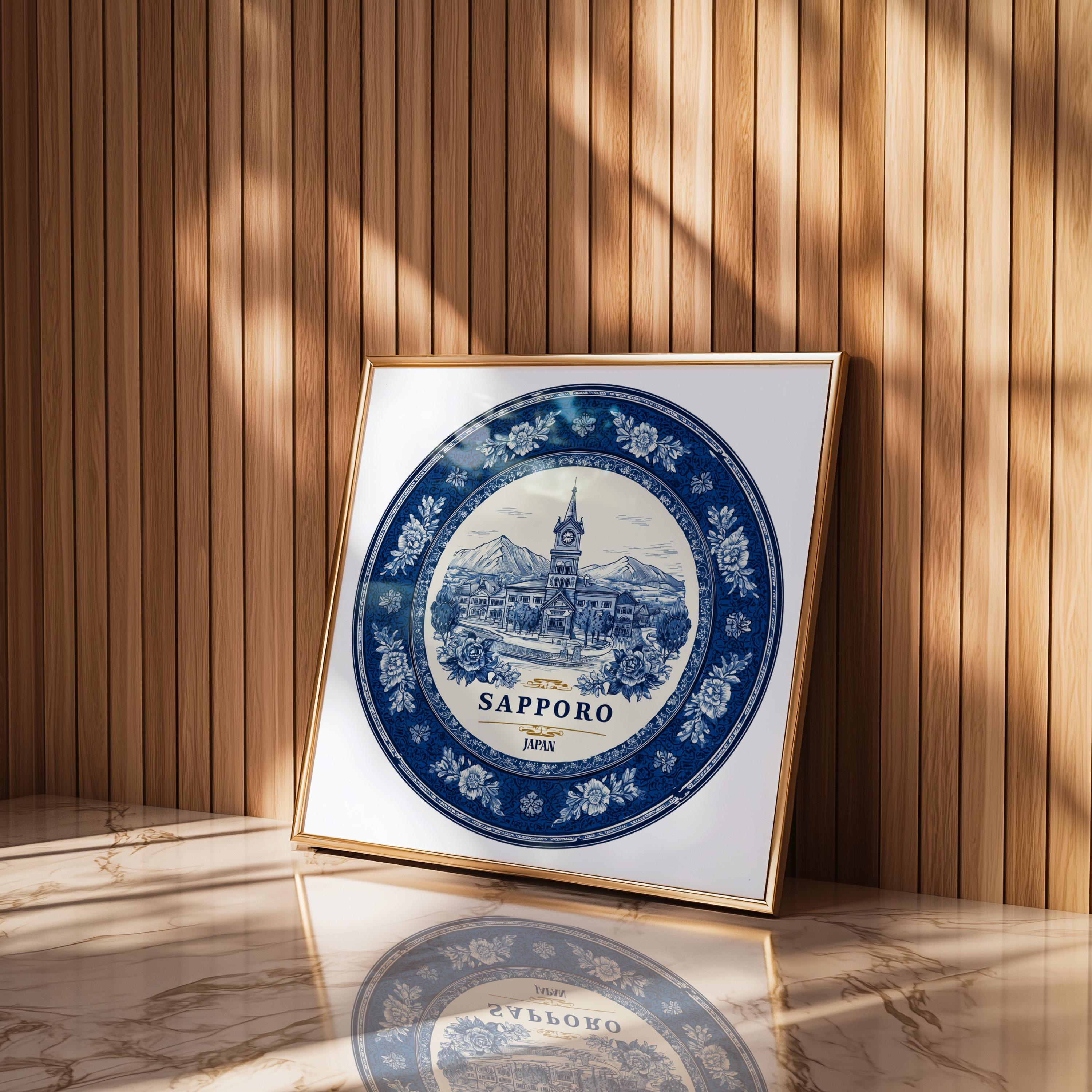 Sapporo Japan Wall Art, Vintage Delft Blue Poster, City Print, Travel Home Decor