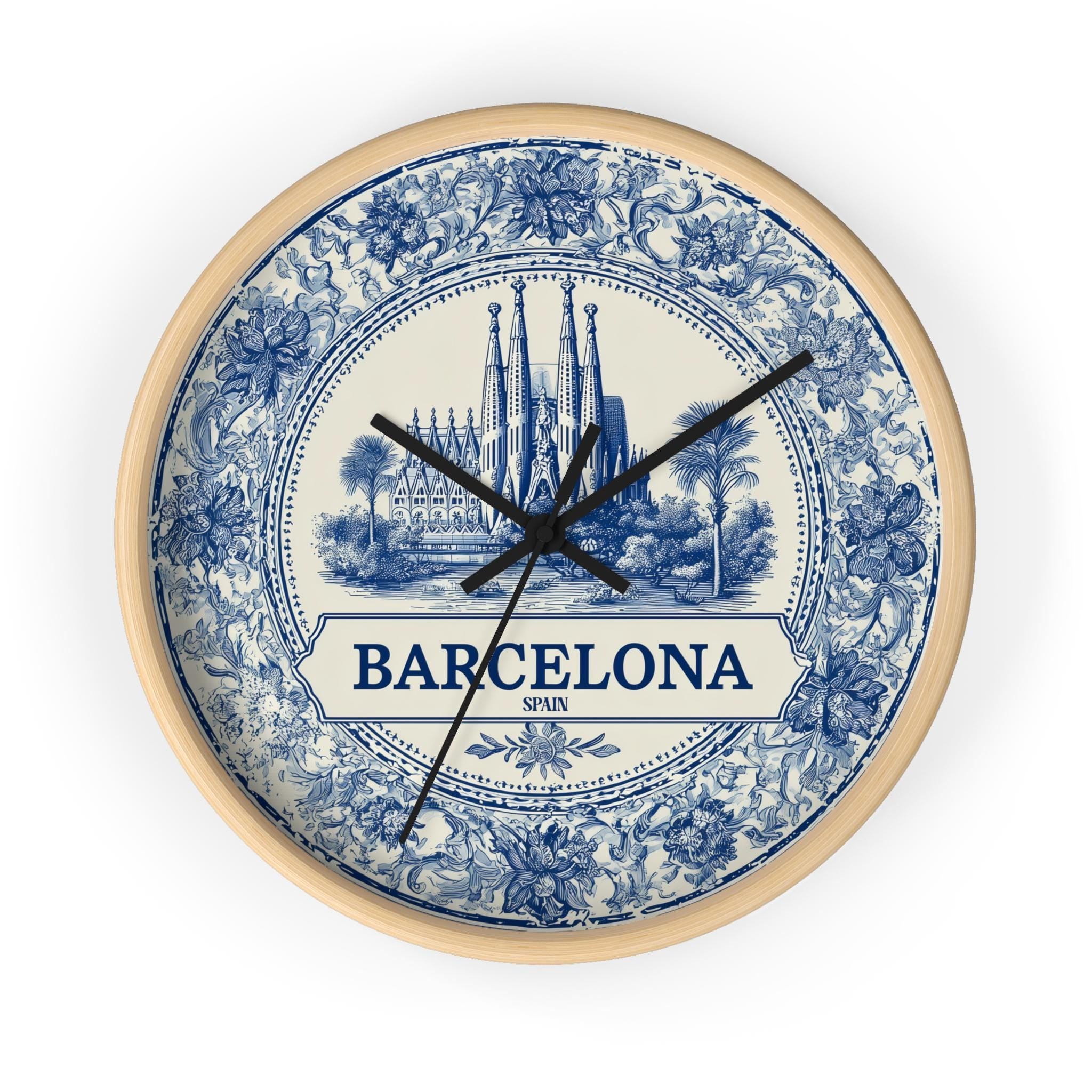 Barcelona Spain Wall Clock, Delf style Home Decor, Vintage City Travel Keepsake Art