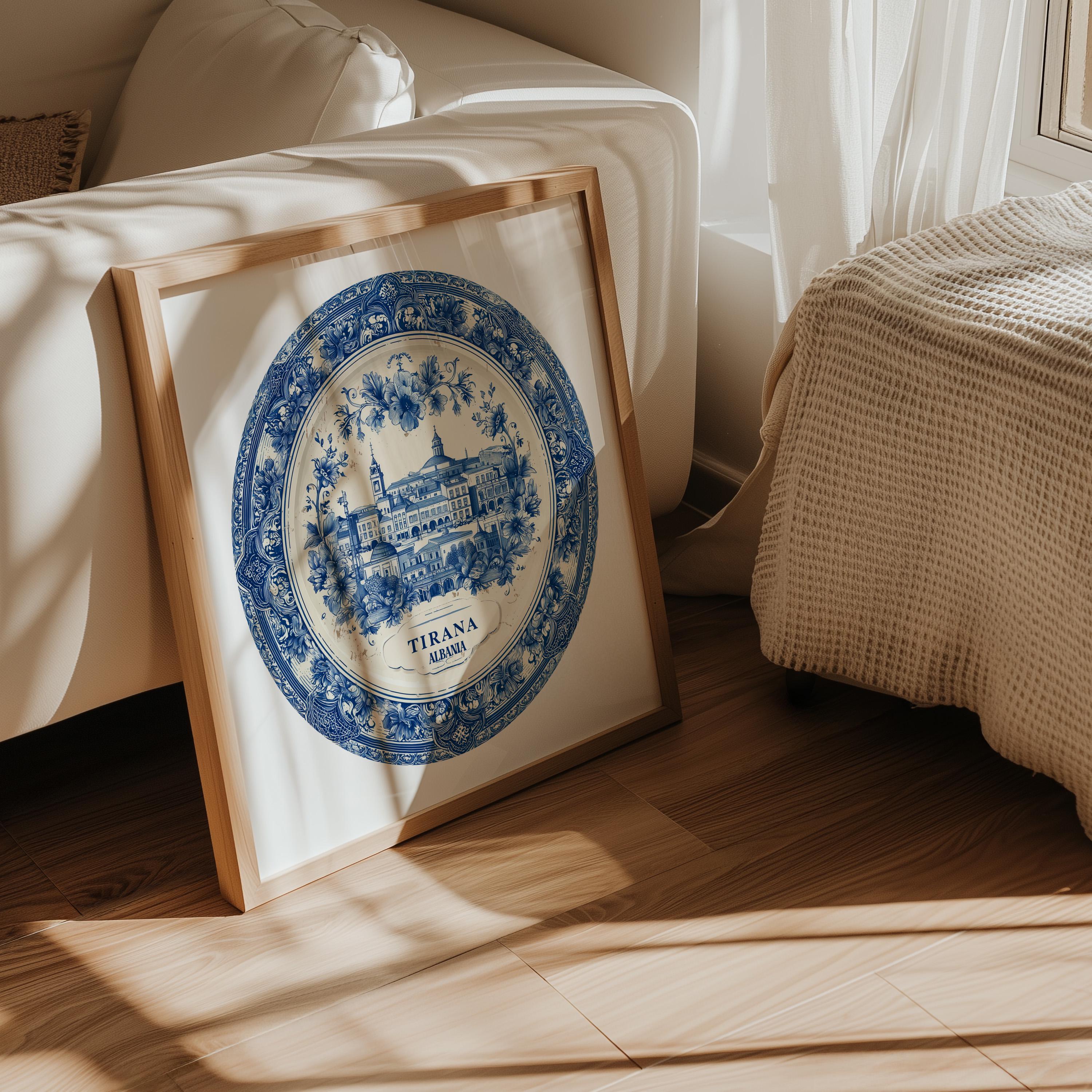 Tirana Albania Wall Art, Vintage Delft Blue Poster, City Print, Travel Home Decor