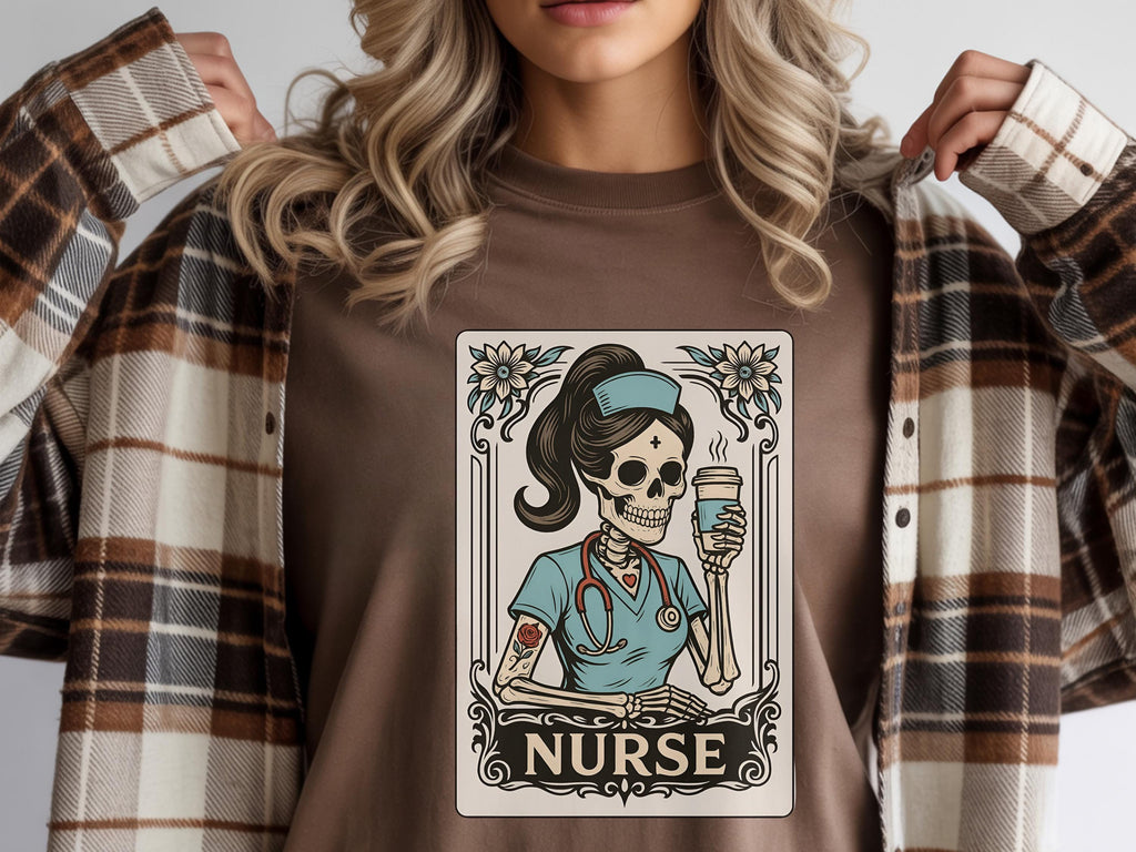 Spooky Nurse Tarot Card Sweatshirt, Gothic Skeleton RN Top, Halloween Witchy Medical Apparel, Retro Occult Pullover, Creepy Gift for Nurse