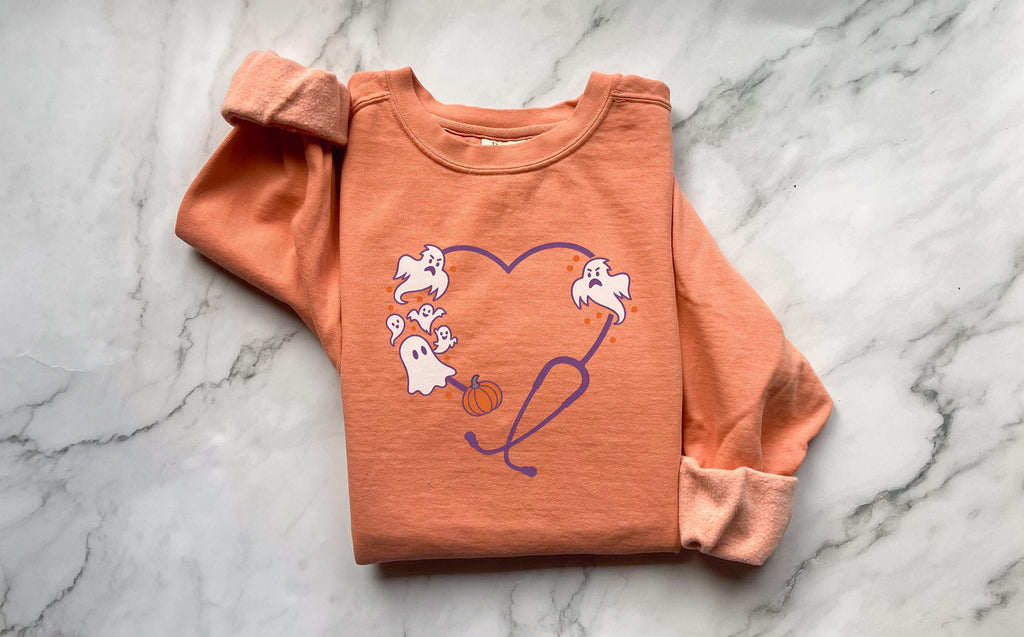 Halloween Nurse Sweatshirt, Ghost & stethoscope Spooky RN Fall Top, Cozy Autumn Pullover, Cute Retro Gift for Nurse