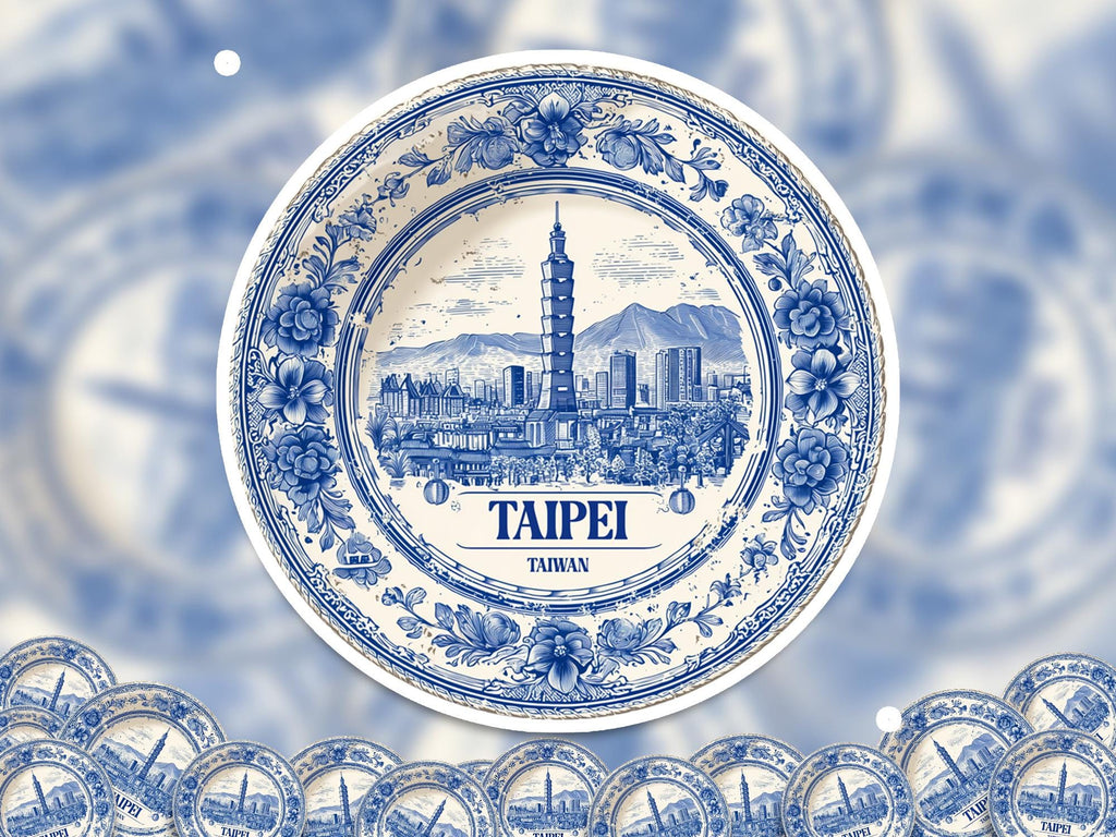 Taipei Taiwan Sticker Vintage Delft style, Delftware Decal Waterproof Vinyl, Blue City Travel