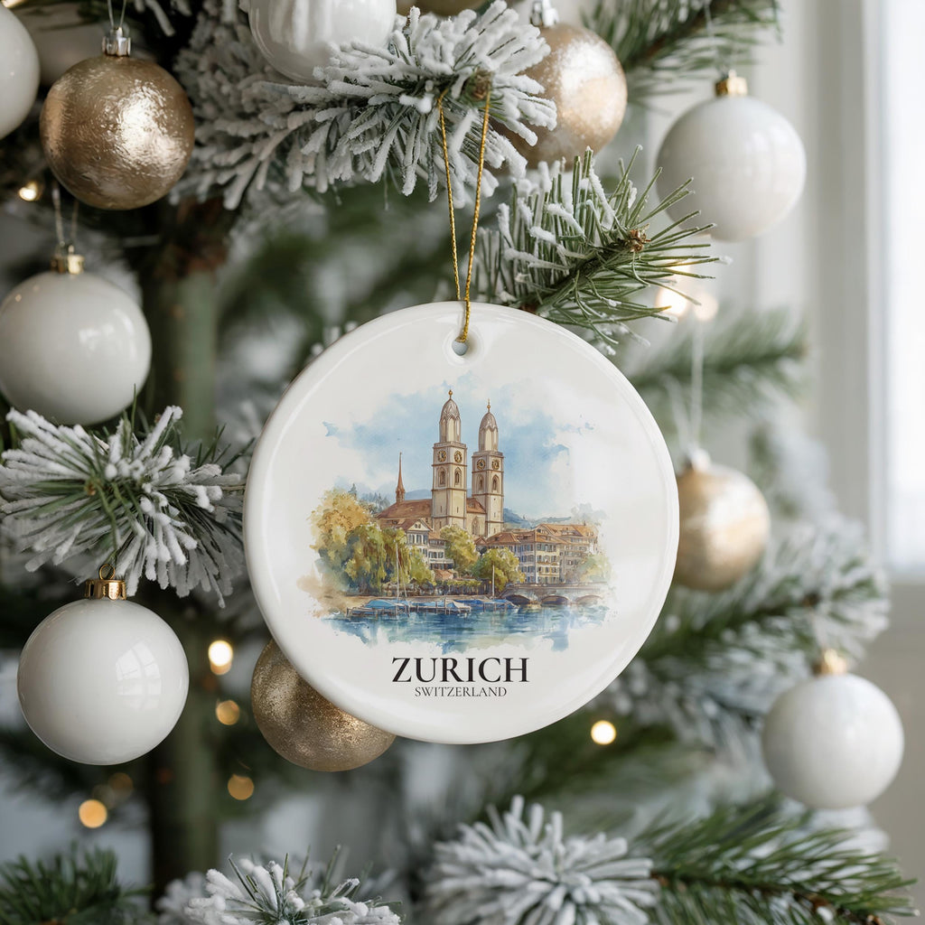 Zurich Switzerland Personalized Watercolor Ornament, Custom Ceramic Christmas gift, Travel Keepsake