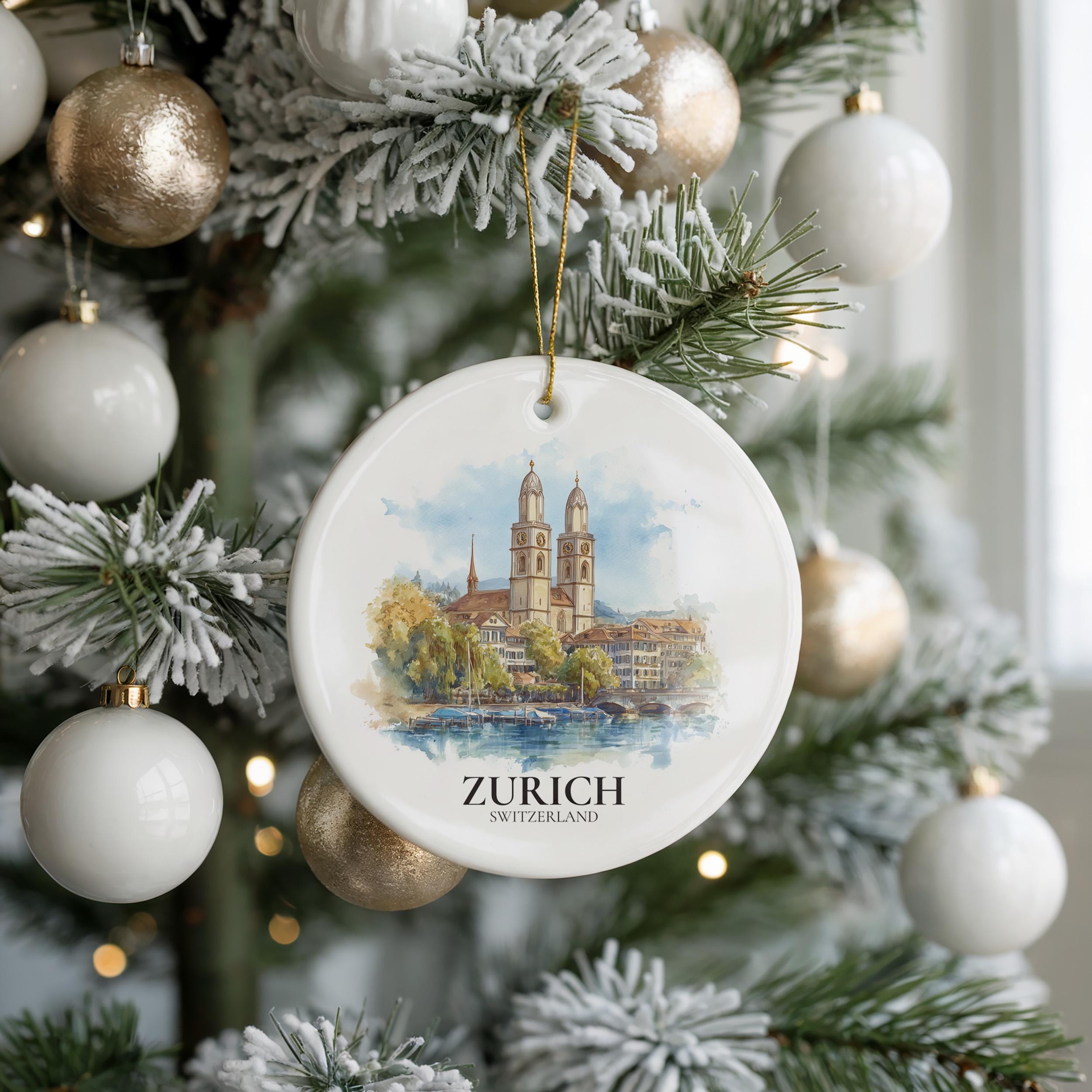 Zurich Switzerland Personalized Watercolor Ornament, Custom Ceramic Christmas gift, Travel Keepsake