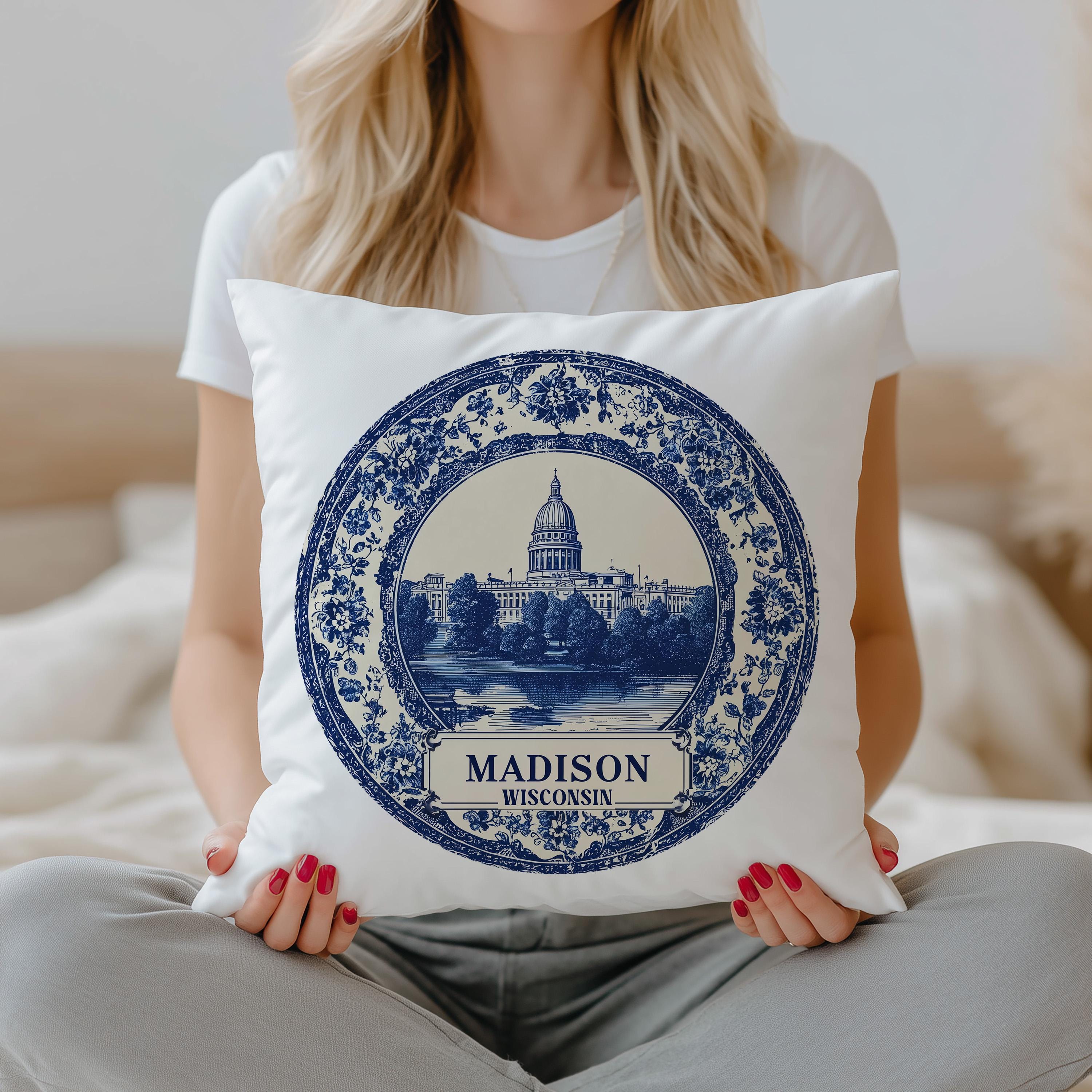 Madison Wisconsin Pillowcase, Delft Style Decorative Throw Pillow, Vintage Cityscape Retro Home Decor