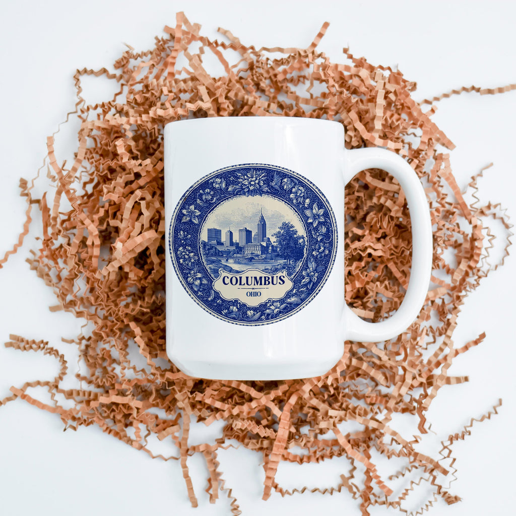 Columbus Ohio Mug, Custom Delft Style cup, Personalized Vintage Travel City Gift