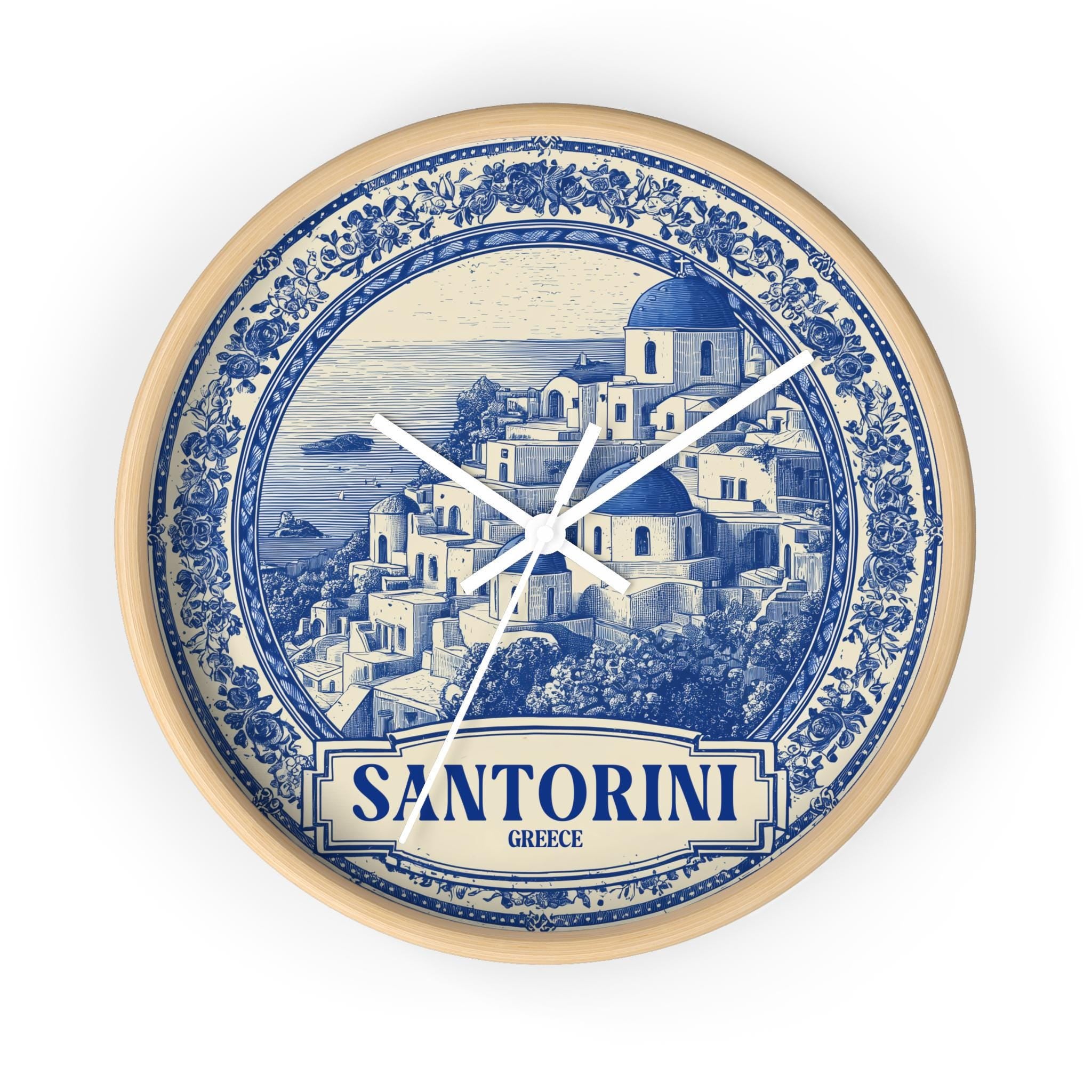 Santorini Greece Wall Clock, Delf style Home Decor, Vintage City Travel Keepsake Art