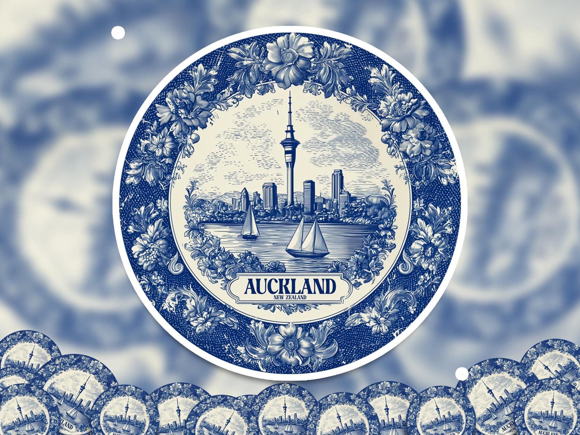 Auckland New Zealand Sticker Vintage Delft style, Delftware Decal Waterproof Vinyl, Blue City Travel
