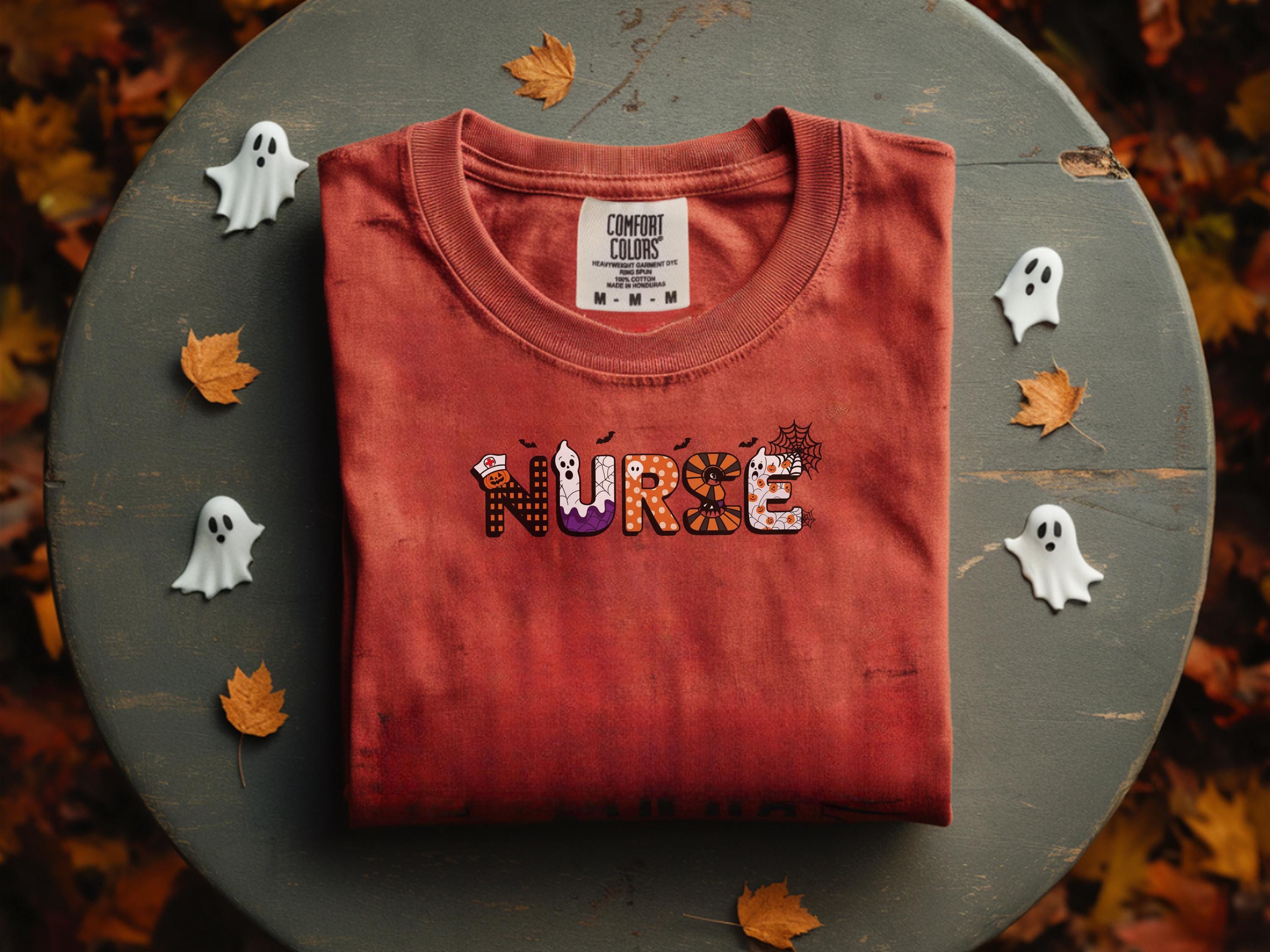 Halloween Nurse Shirt, Spooky Letters NURSE Tee, Ghost Bat Spider Eyeball RN Shirt, Cute Fall Nursing Gift, Creepy Cute T-shirt for Nurses