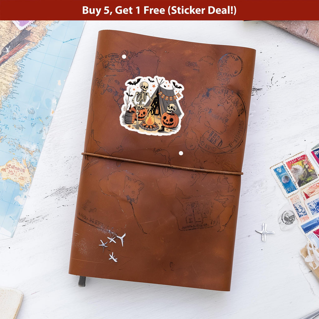 Camping Skeleton Sticker, Spooky Halloween Waterproof Decal for tumbler, kindle