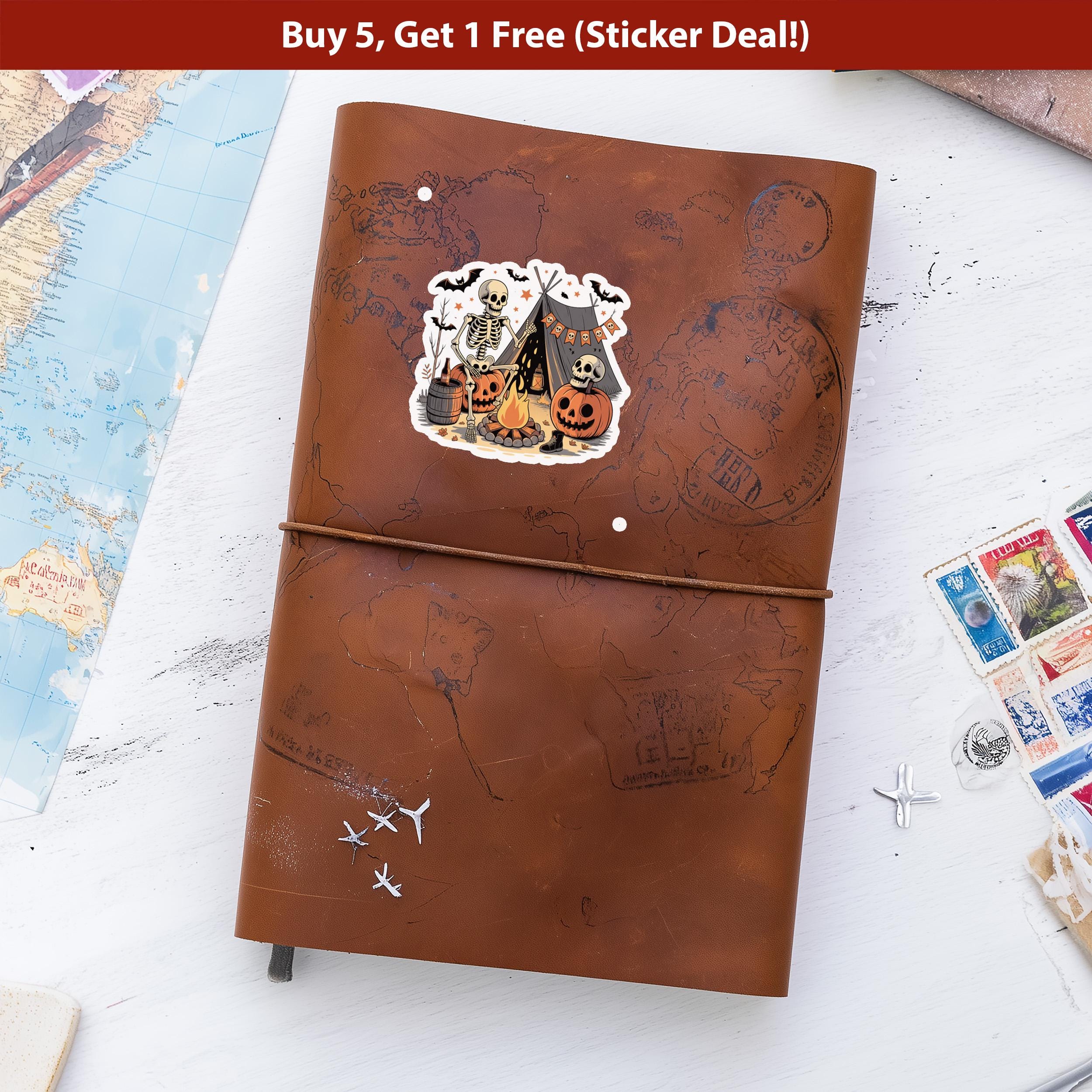 Camping Skeleton Sticker, Spooky Halloween Waterproof Decal for tumbler, kindle