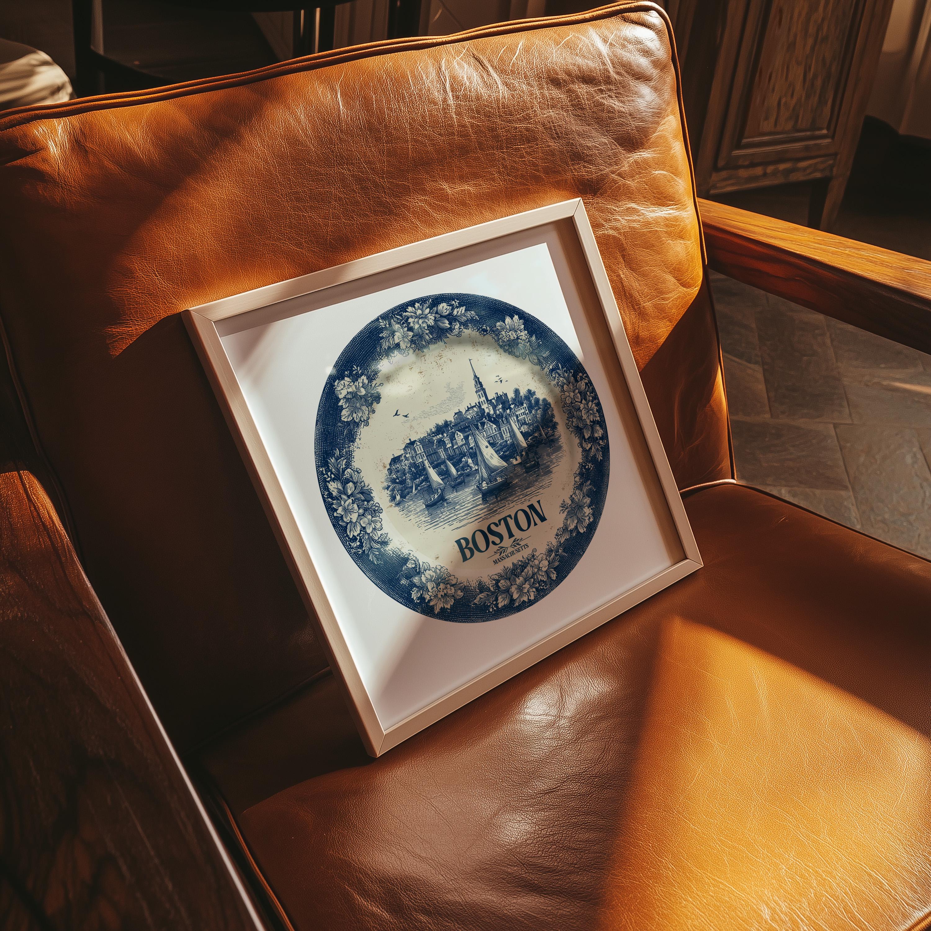 Boston Wall Art Massachusetts, Vintage Delft Blue Poster, City Print, Travel Home Decor