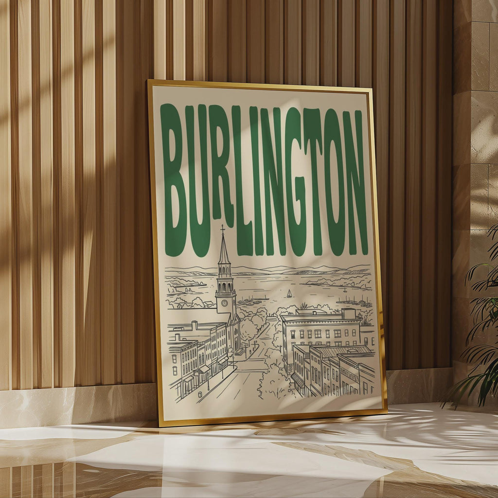 Burlington Vermont Skyline Wall Art, Framed Canvas Print, Retro Travel Decor