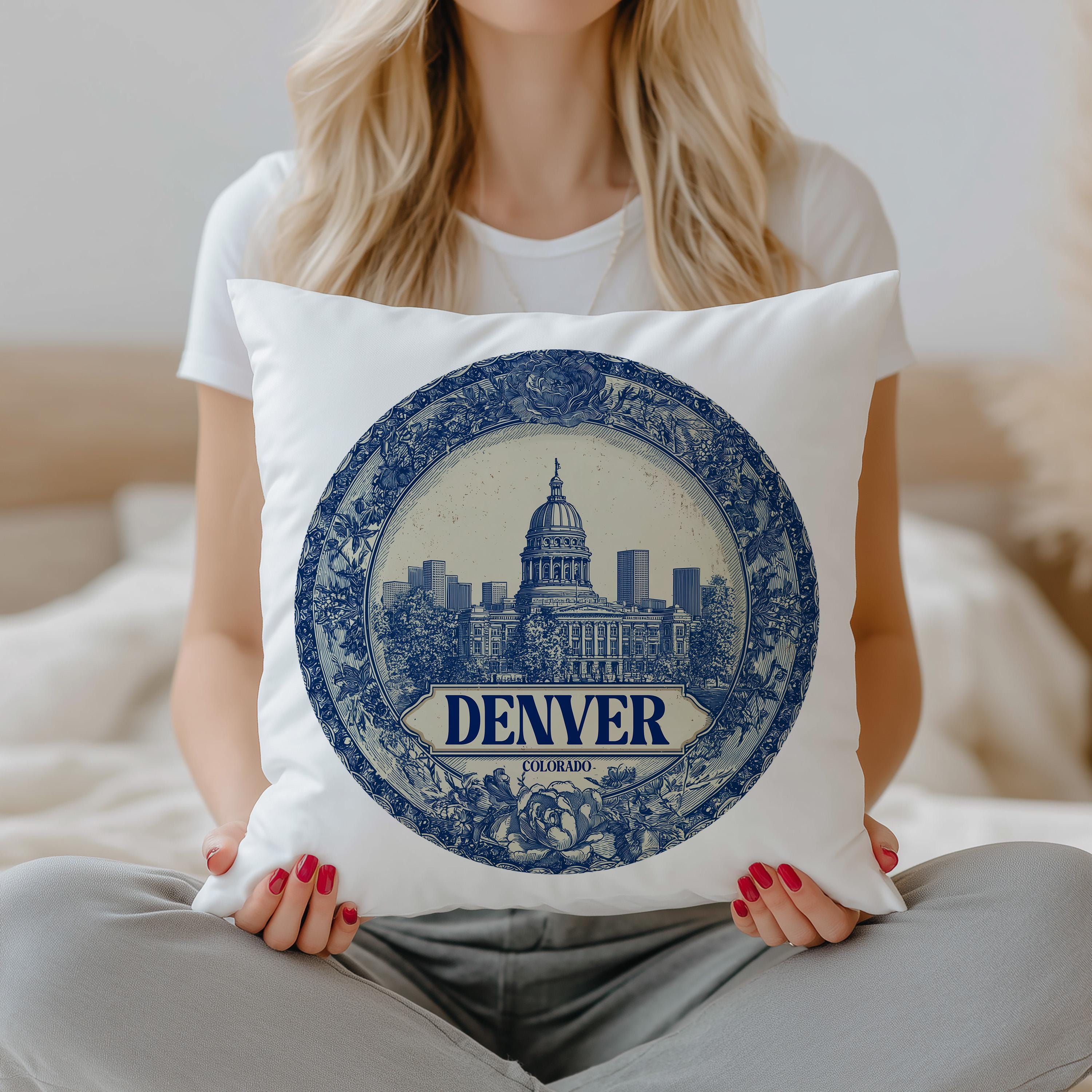 Denver Colorado Pillowcase, Delft Style Decorative Throw Pillow, Vintage Cityscape Retro Home Decor