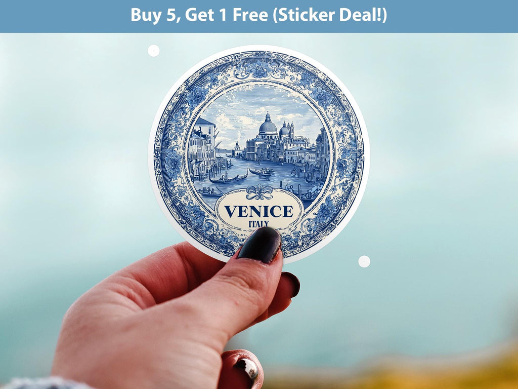Venice Italy Sticker Vintage Delft style, Delftware Decal Waterproof Vinyl, Blue City Travel