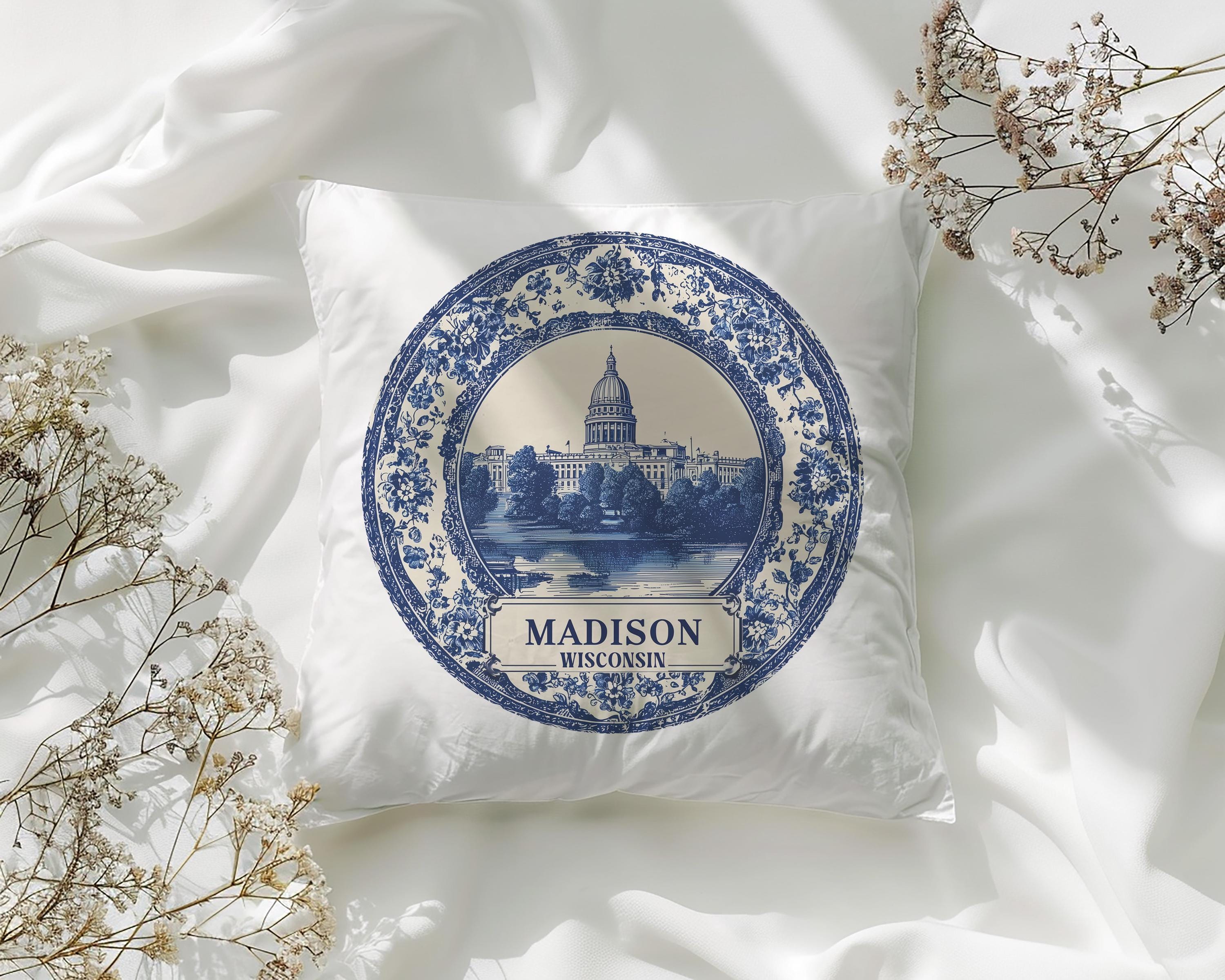 Madison Wisconsin Pillowcase, Delft Style Decorative Throw Pillow, Vintage Cityscape Retro Home Decor