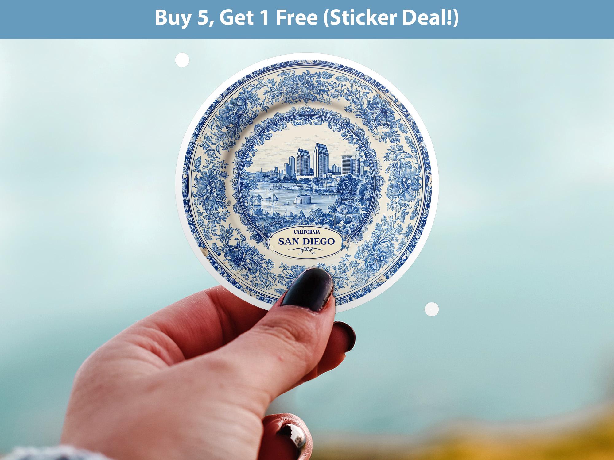 San Diego California Sticker Vintage Delft style, Delftware Decal Waterproof Vinyl, Blue City Travel