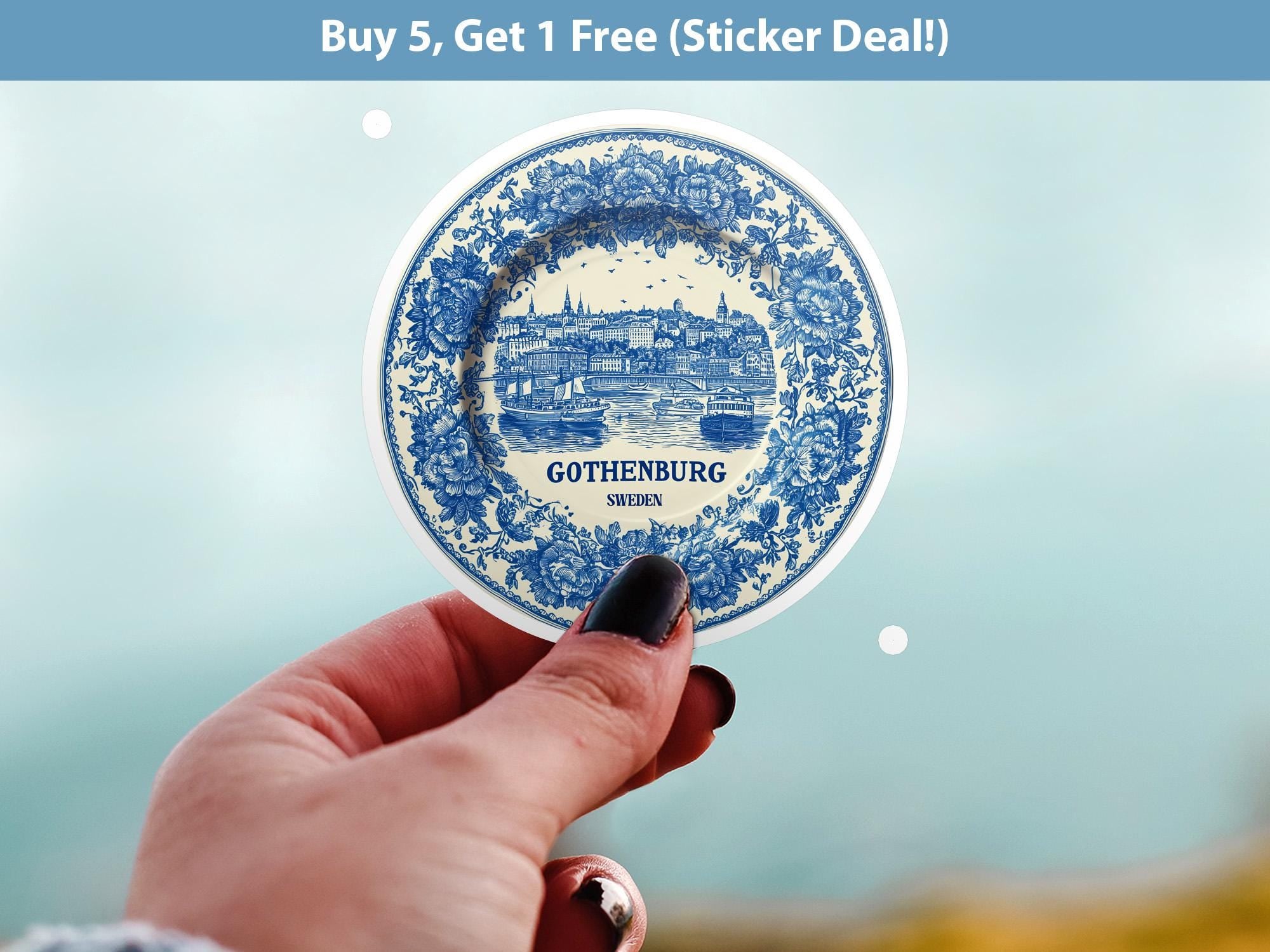 Gothenburg Sweden Sticker Vintage Delft style, Delftware Decal Waterproof Vinyl, Blue City Travel