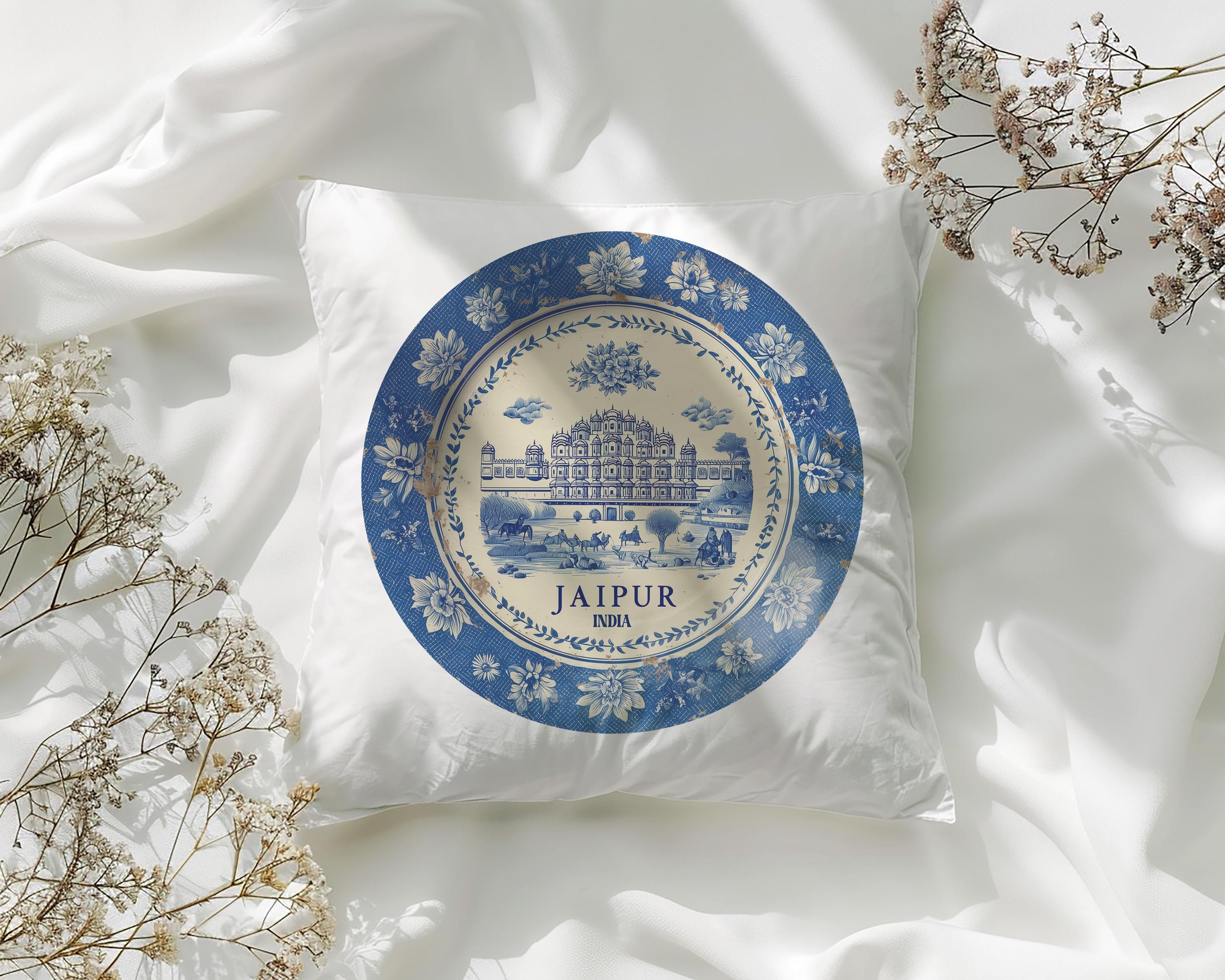 Jaipur India Pillowcase, Delft Style Decorative Throw Pillow, Vintage Cityscape Retro Home Decor