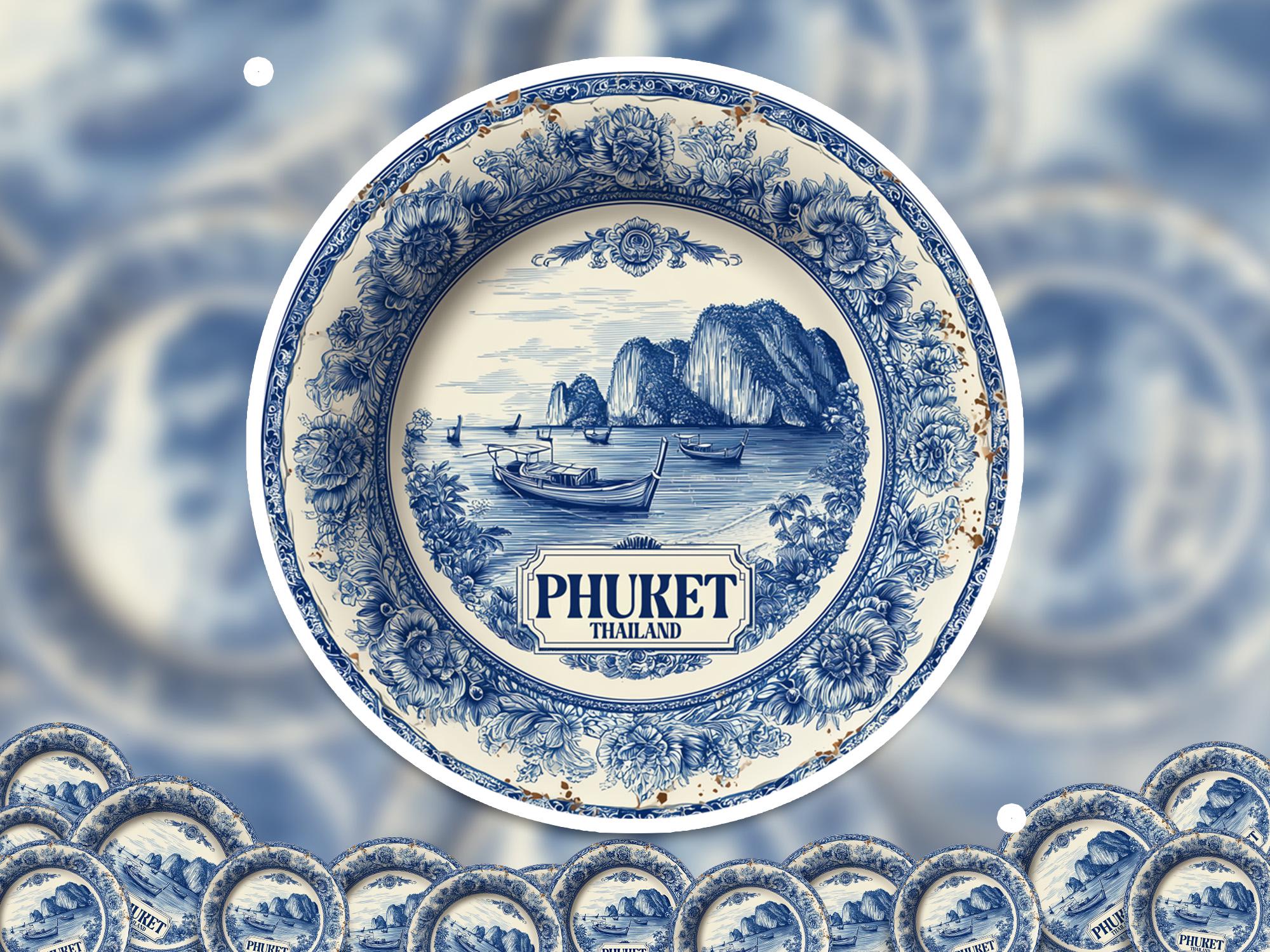 Phuket Thailand Sticker Vintage Delft style, Delftware Decal Waterproof Vinyl, Blue City Travel
