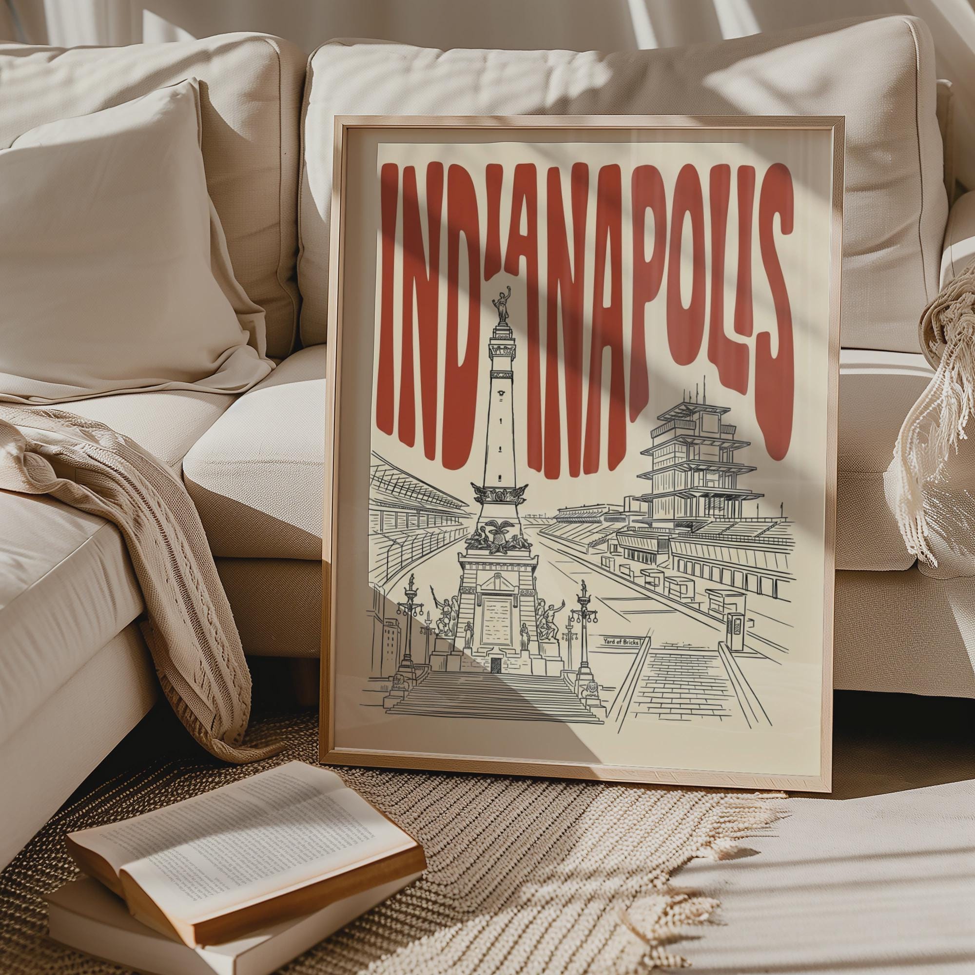 Indianapolis Wall Art, Minimalist Retro Skyline Framed Canvas Print, Indiana Home Decor