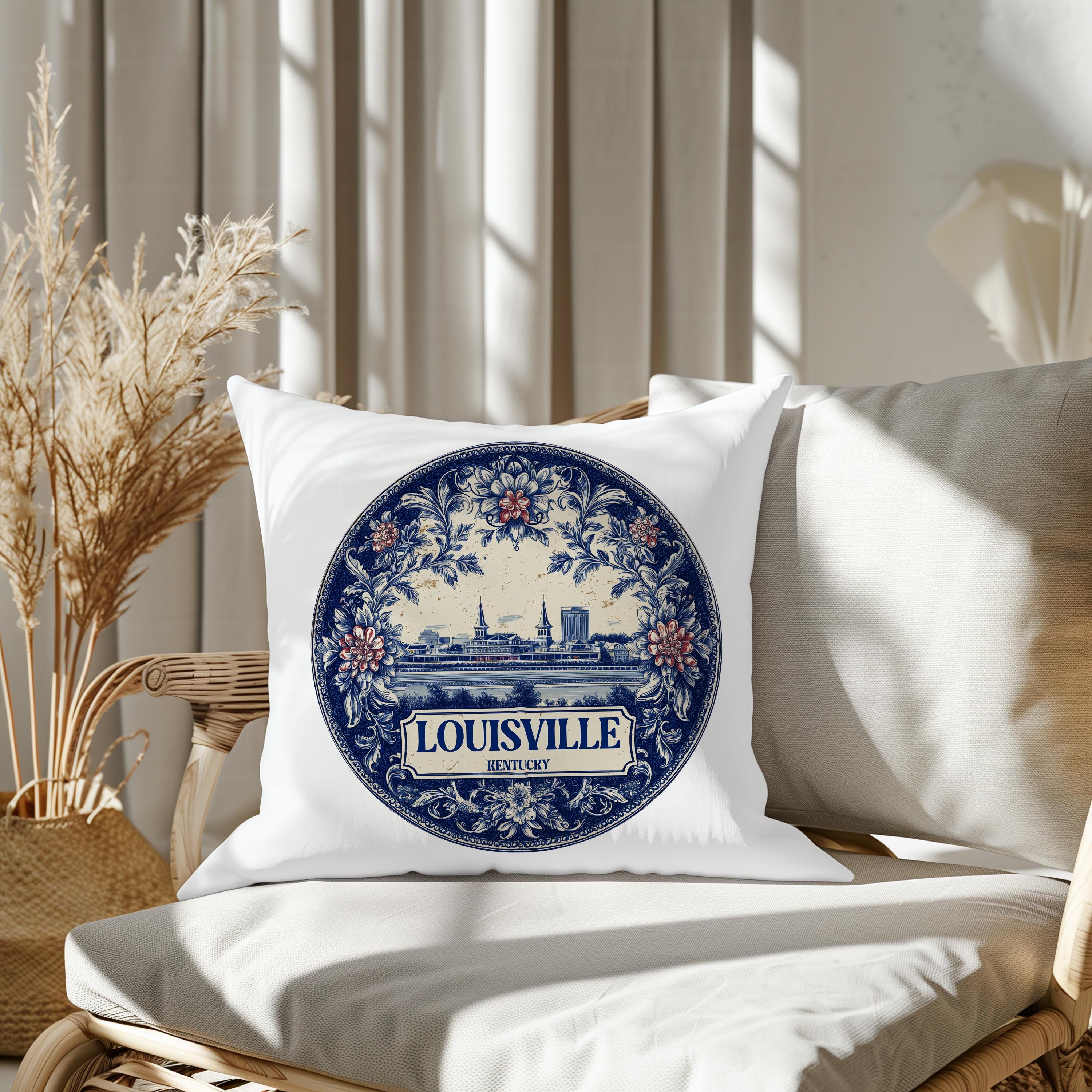 Louisville Kentucky Pillowcase, Delft Style Decorative Throw Pillow, Vintage Cityscape Retro Home Decor