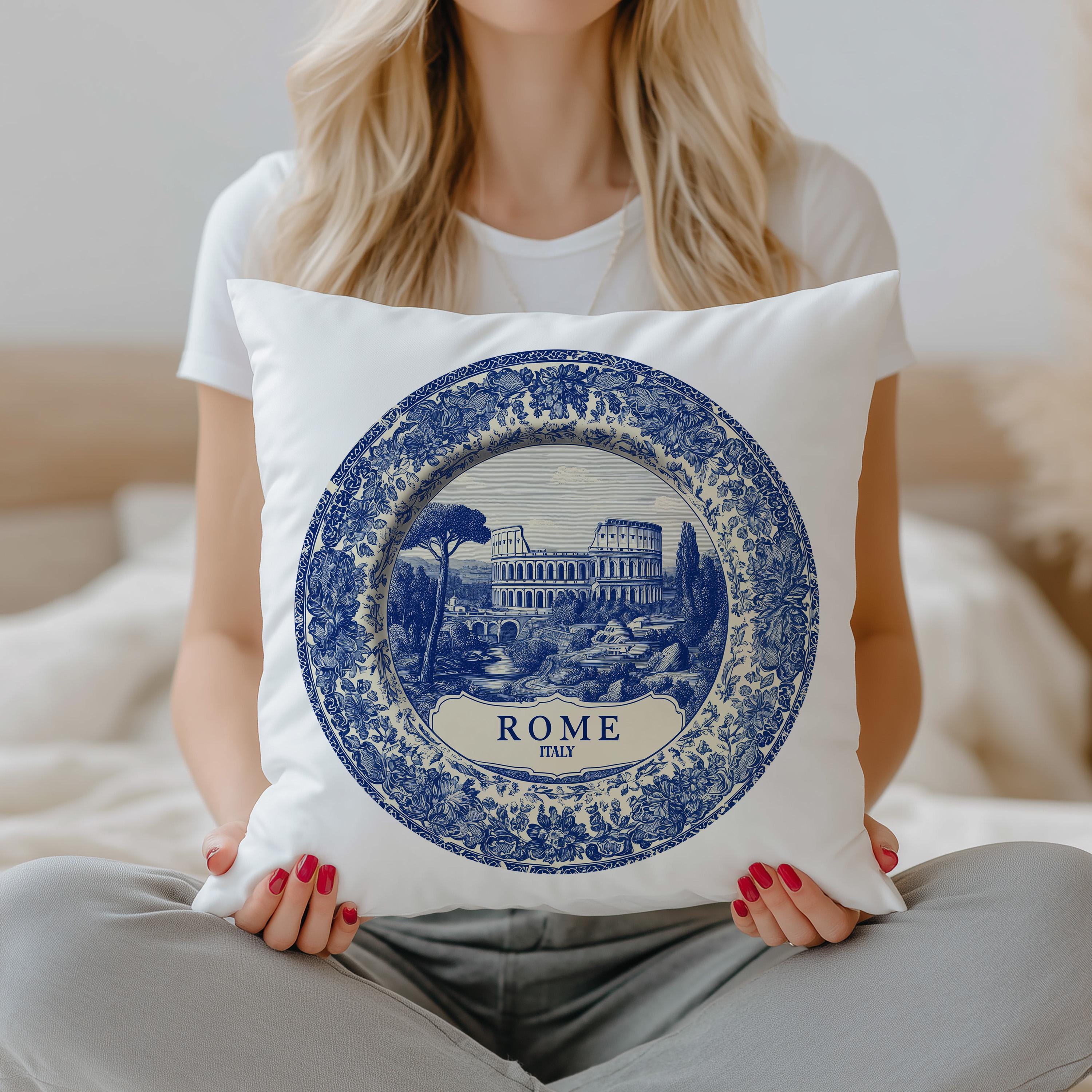 Rome Italy Pillowcase, Delft Style Decorative Throw Pillow, Vintage Cityscape Retro Home Decor