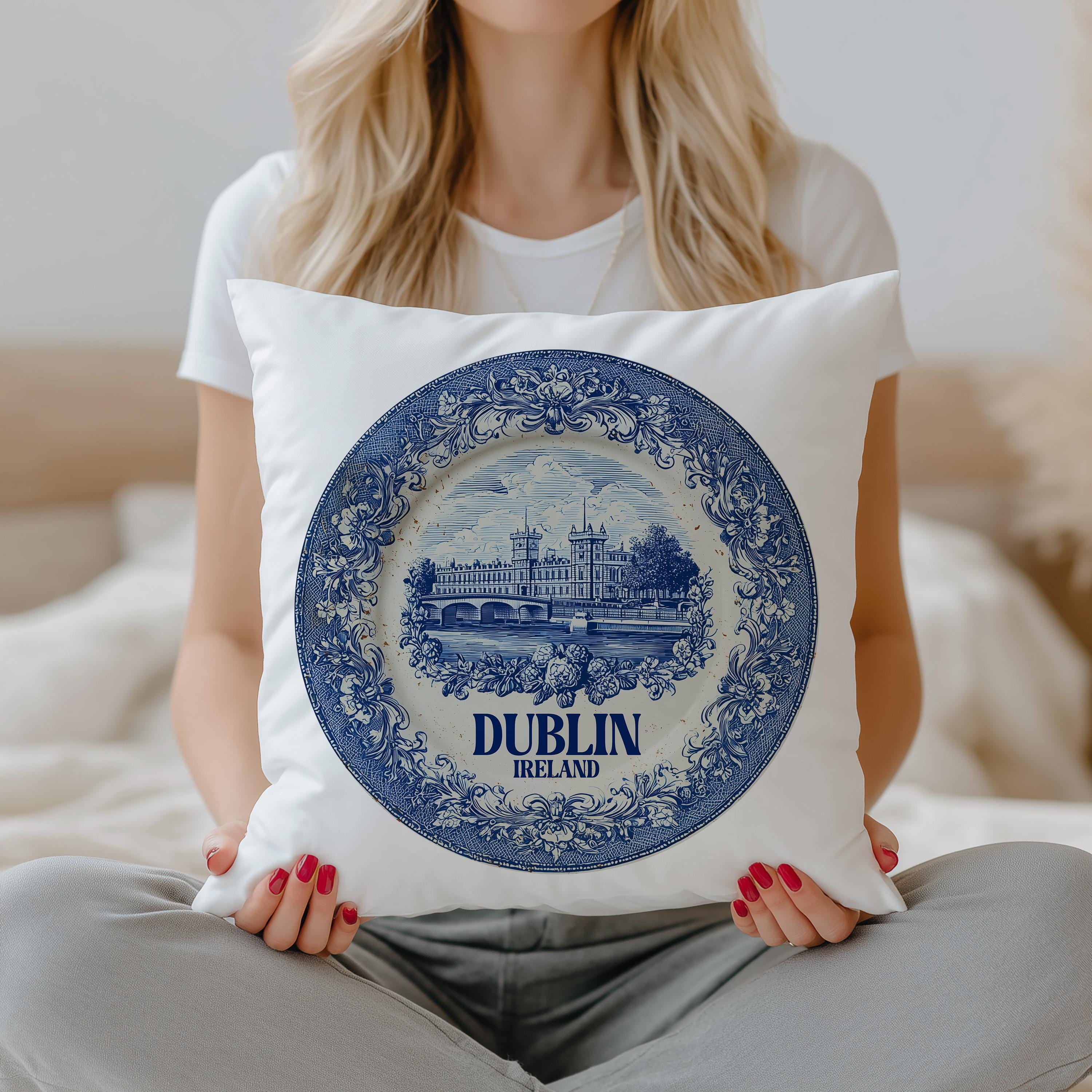 Dublin Ireland Pillowcase, Delft Style Decorative Throw Pillow, Vintage Cityscape Retro Home Decor