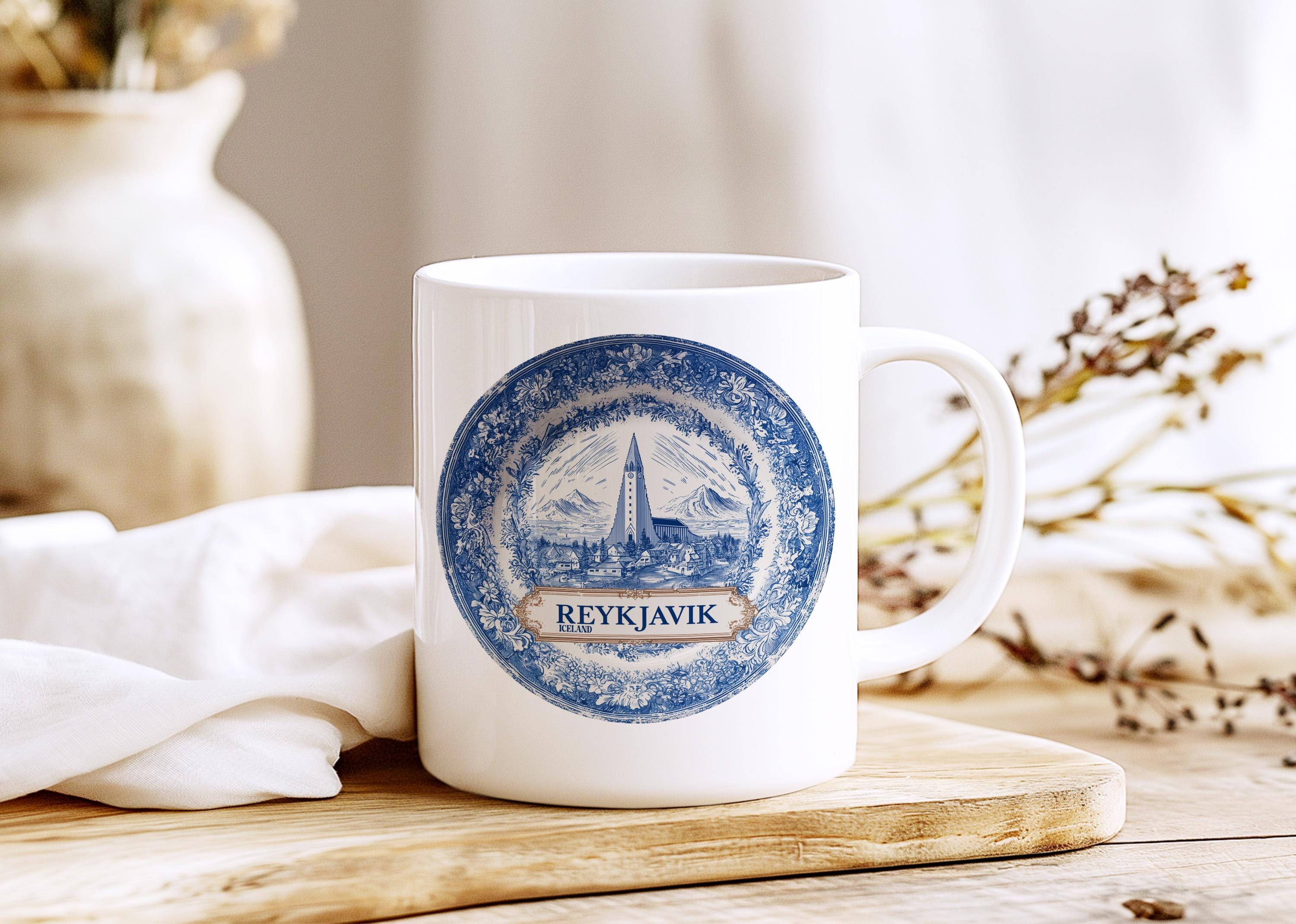 Reykjavik Iceland Mug, Custom Delft Style cup, Personalized Vintage Travel City Gift