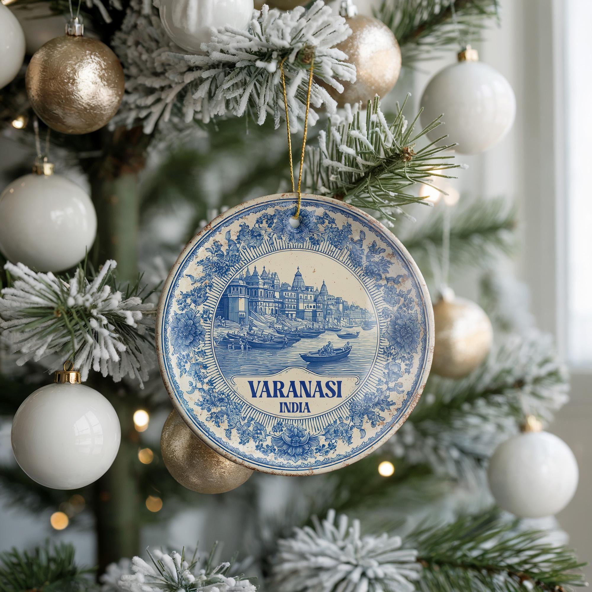 Custom Varanasi India Ceramic Delft Ornament, Christmas Delftware Blue Delftware city travel