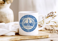New York City Mug, Custom Delft Style cup, Personalized Vintage Travel City Gift