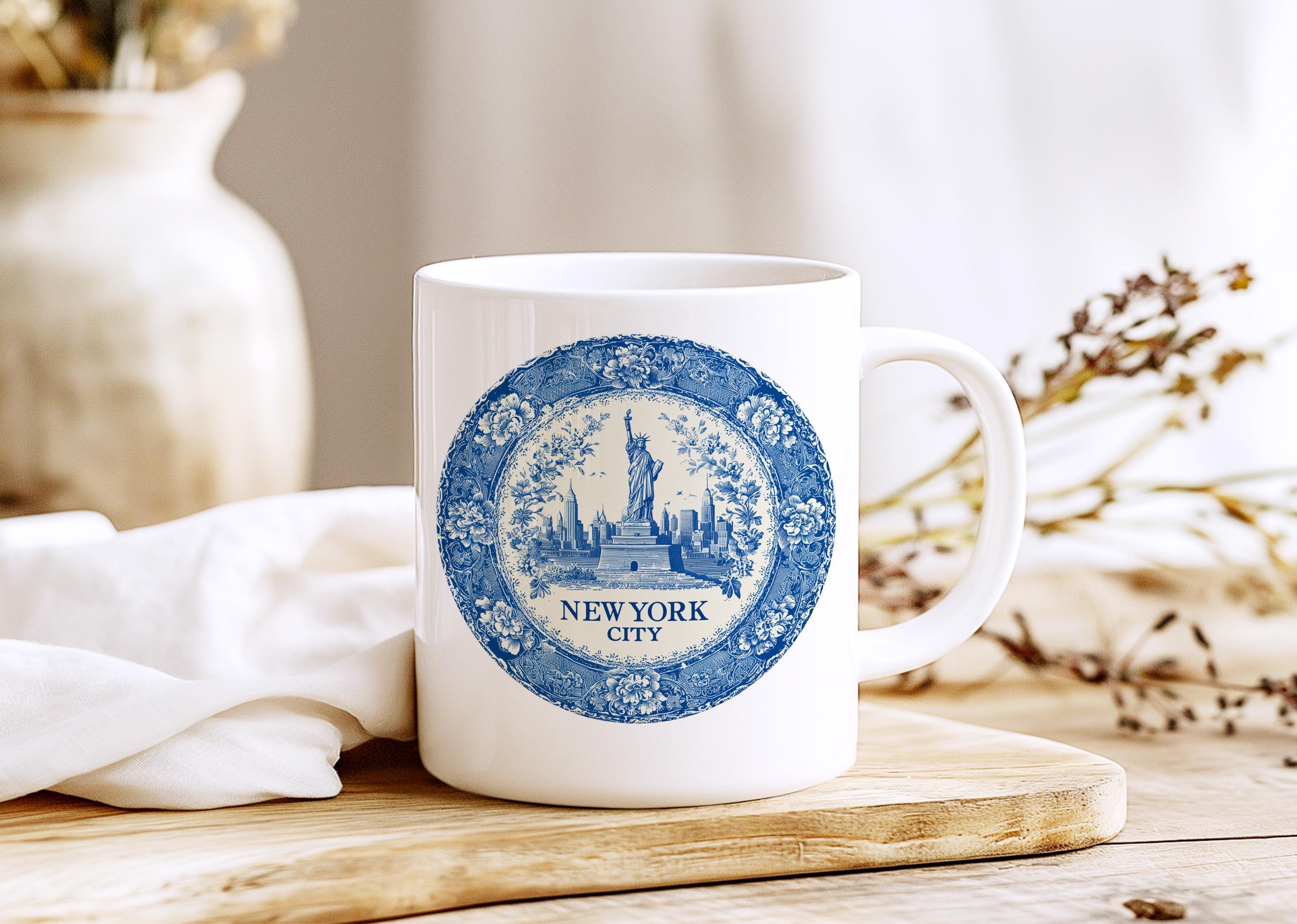 New York City Mug, Custom Delft Style cup, Personalized Vintage Travel City Gift
