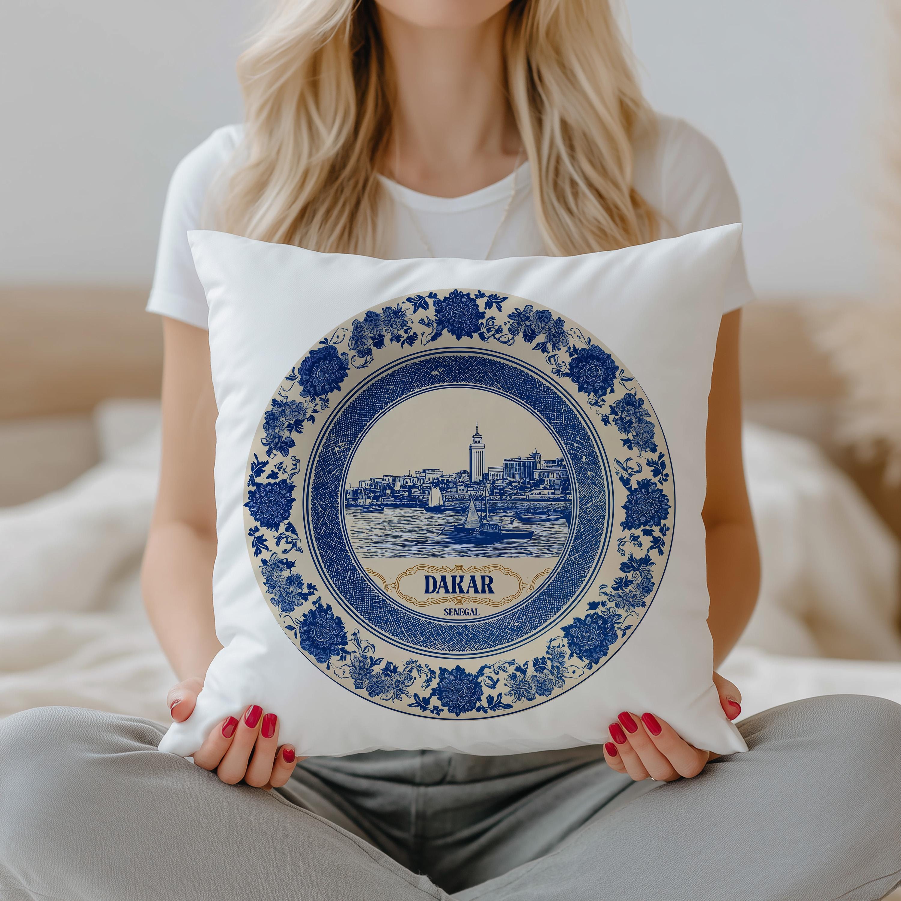 Dakar Senegal Pillowcase, Delft Style Decorative Throw Pillow, Vintage Cityscape Retro Home Decor