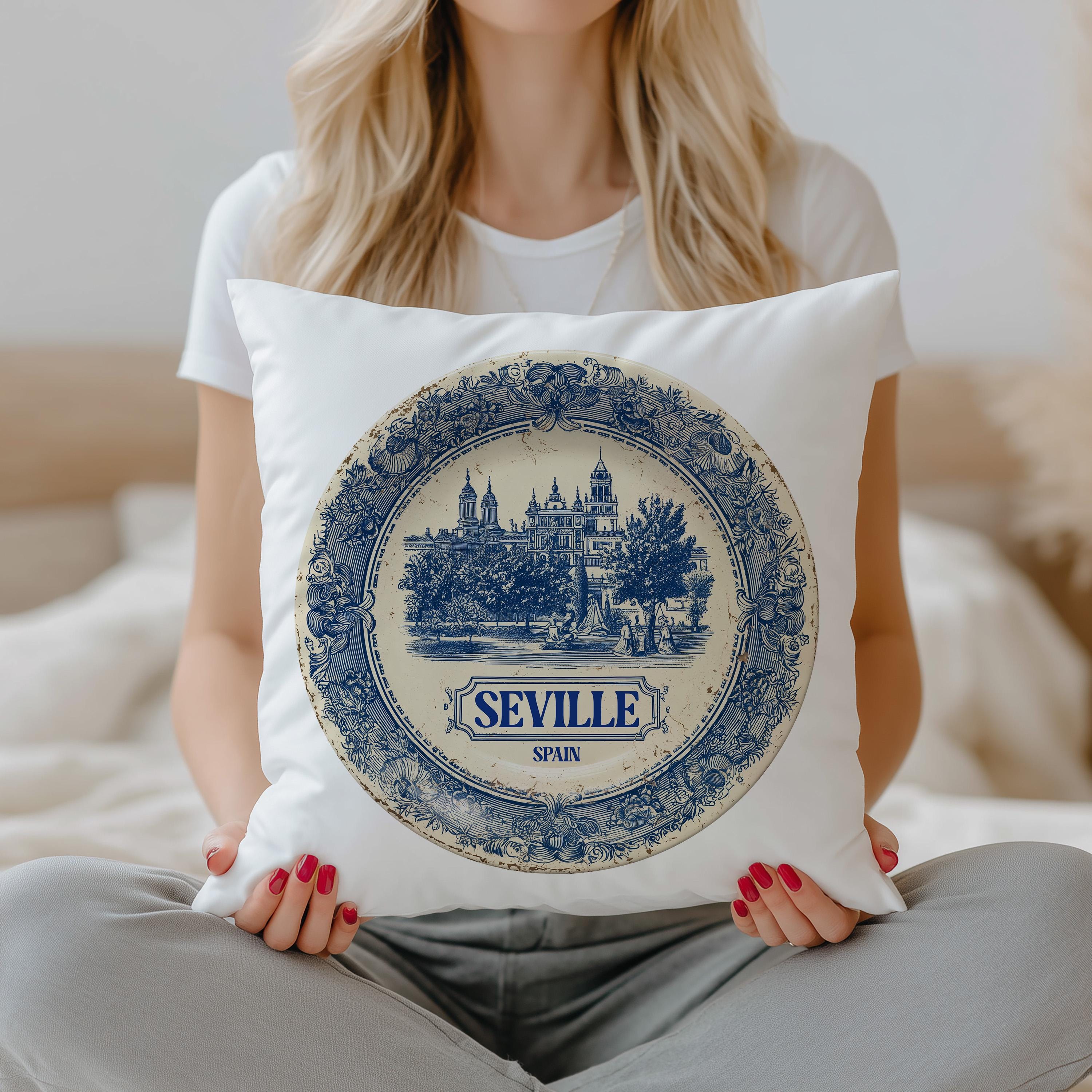 Seville Spain Pillowcase, Delft Style Decorative Throw Pillow, Vintage Cityscape Retro Home Decor