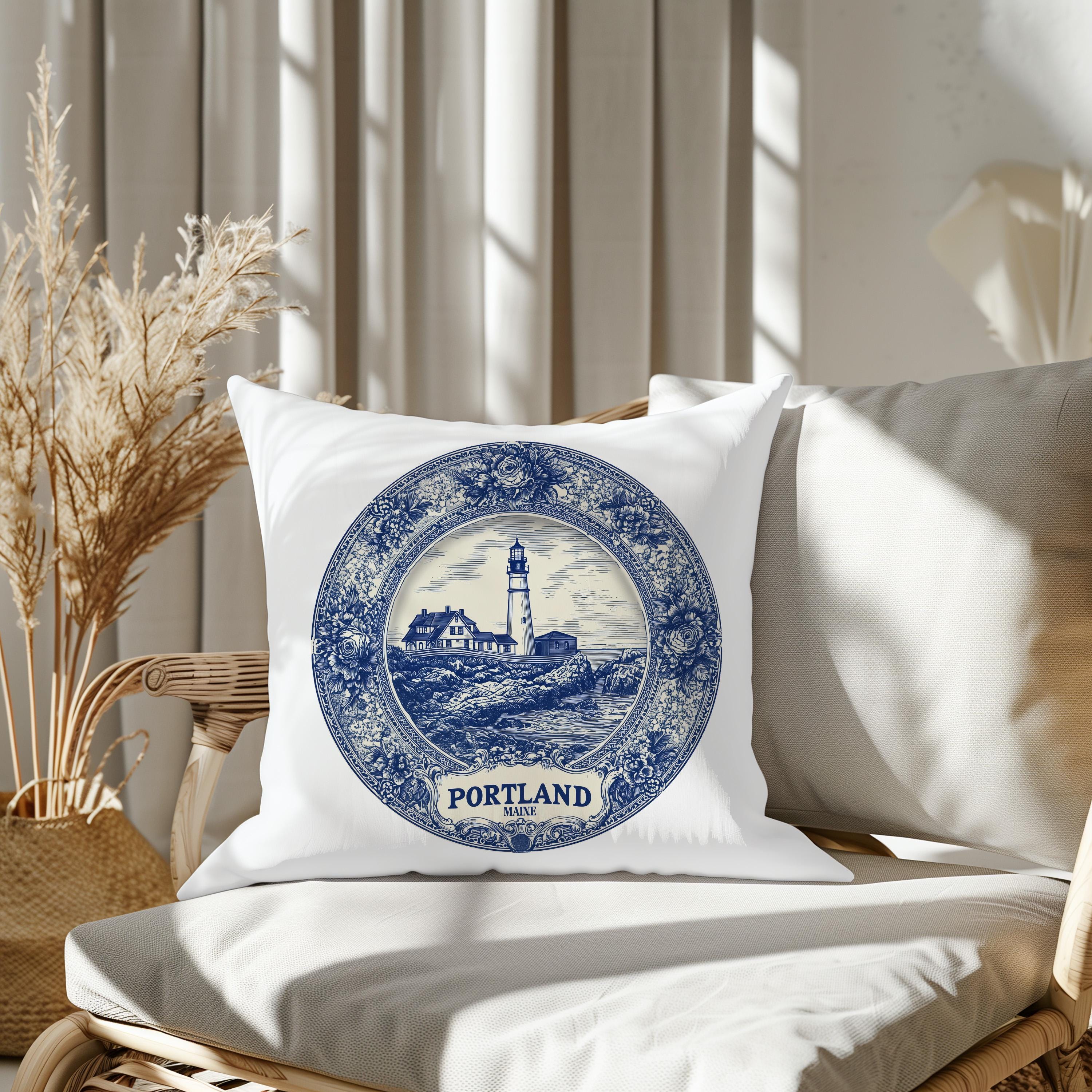 Portland Maine Pillowcase, Delft Style Decorative Throw Pillow, Vintage Cityscape Retro Home Decor